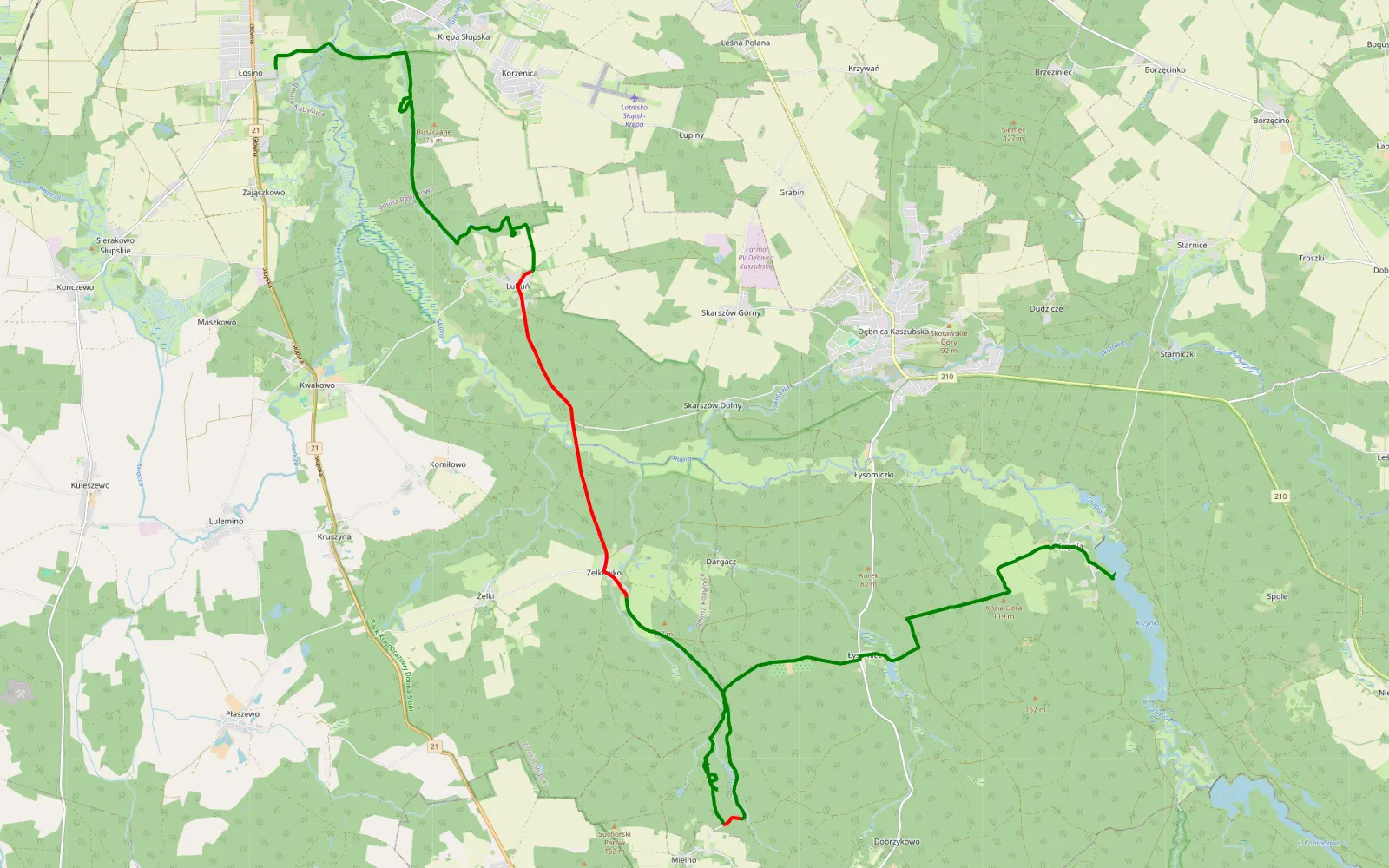 Mapa trasy Łosino - Krzynia - 29.3 km trasy offroad, Powiat Słupski
