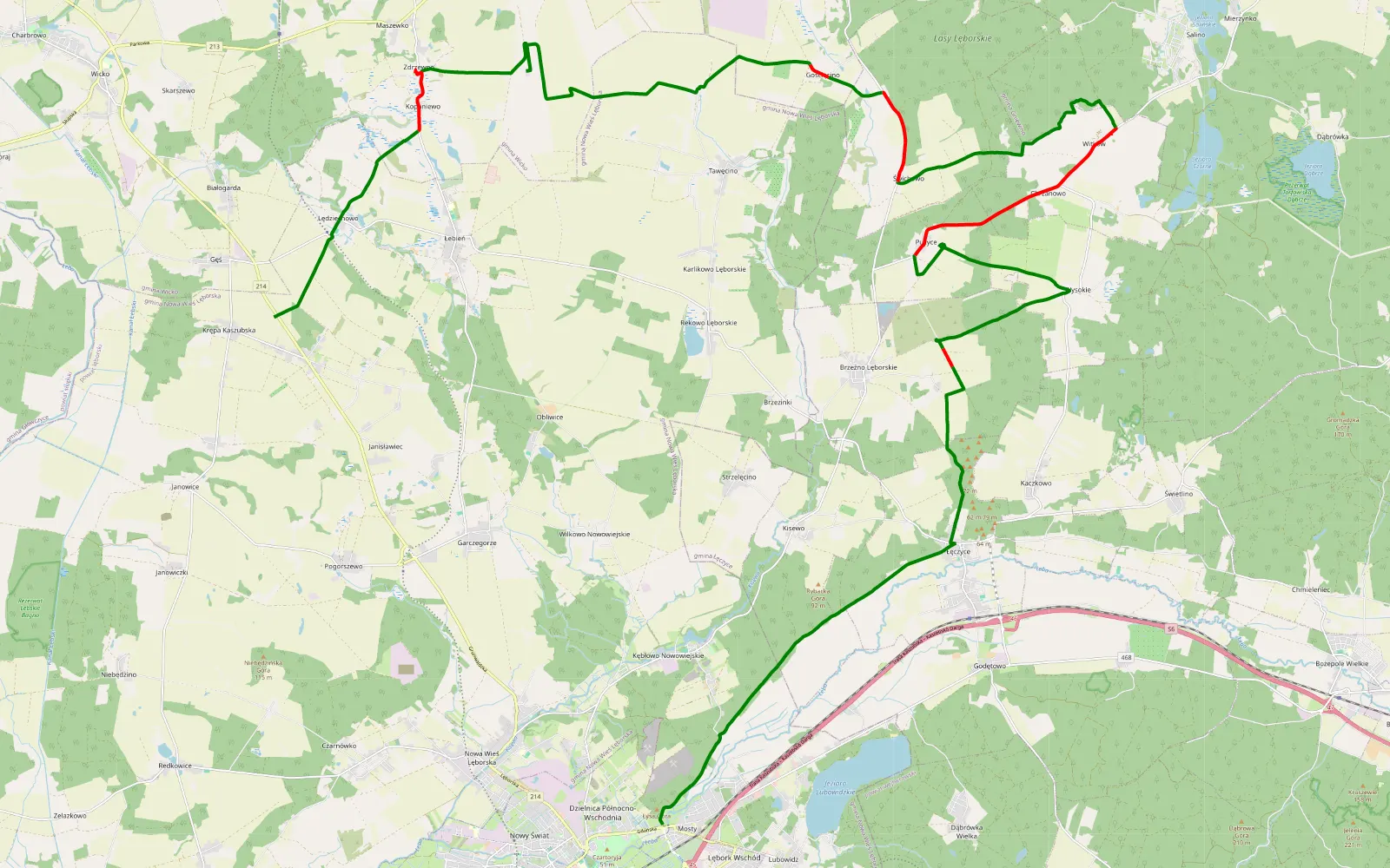 Mapa trasy Mosty - Krępa Kaszubska - 37.4 km trasy offroad, Powiat Wejherowski