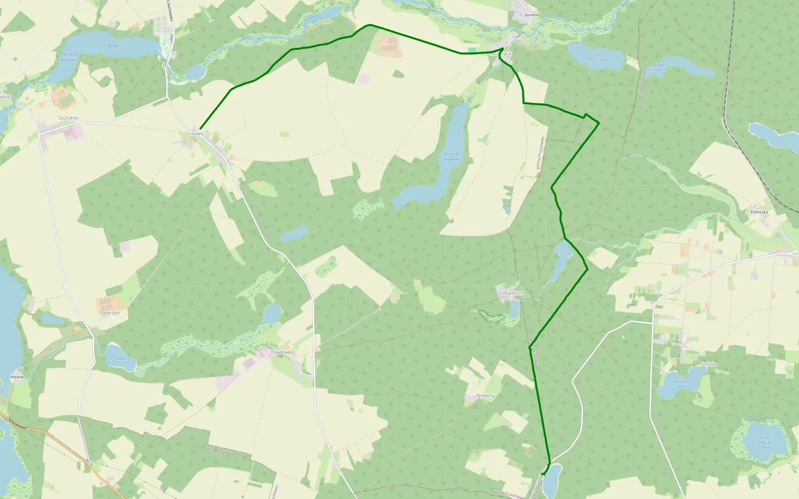 Map of Lisewo - Pawłówko - 7.4 km offroad trail, Człuchów County