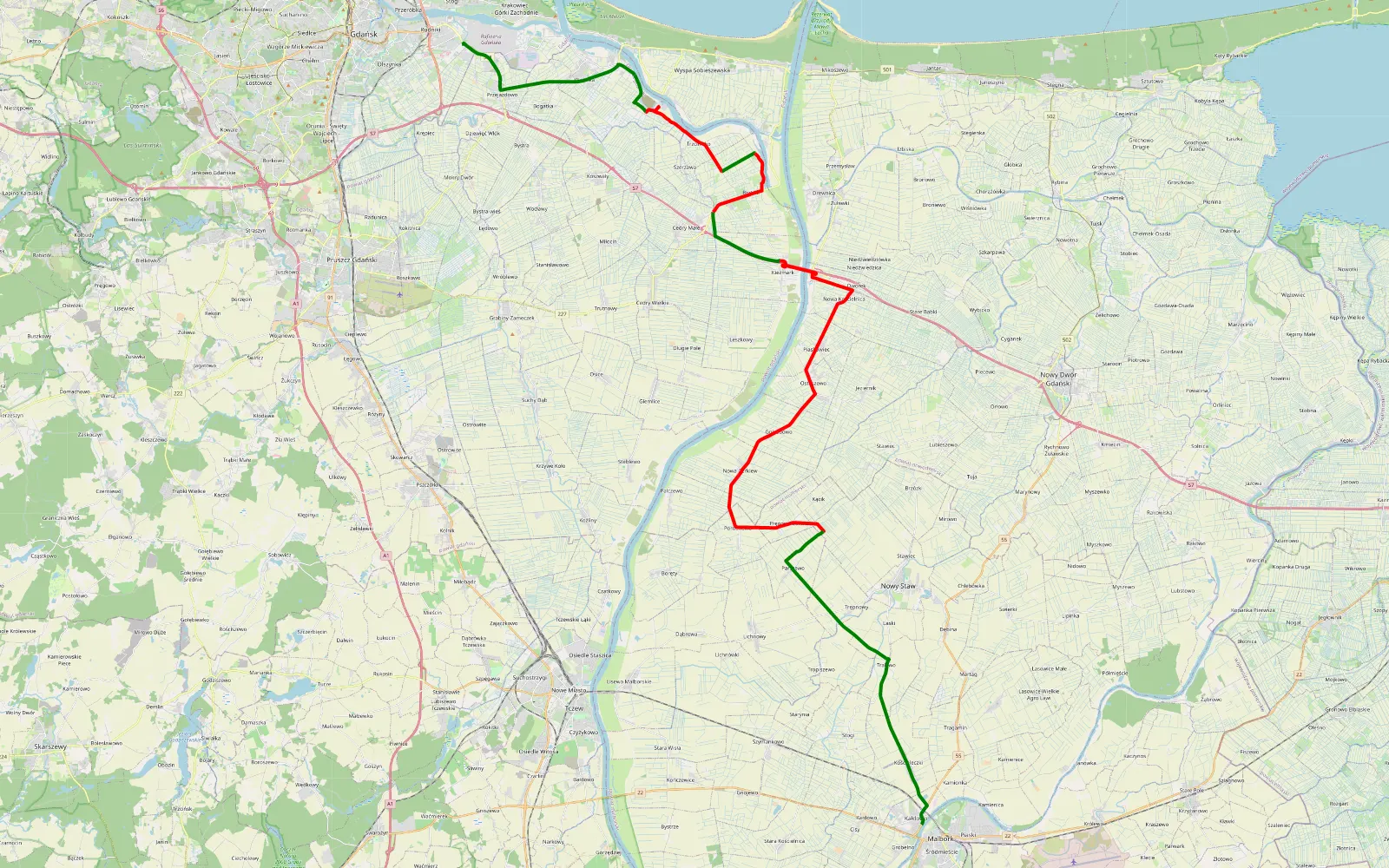 Mapa trasy Rudniki - Malbork - 40.4 km trasy offroad, Powiat Gdański