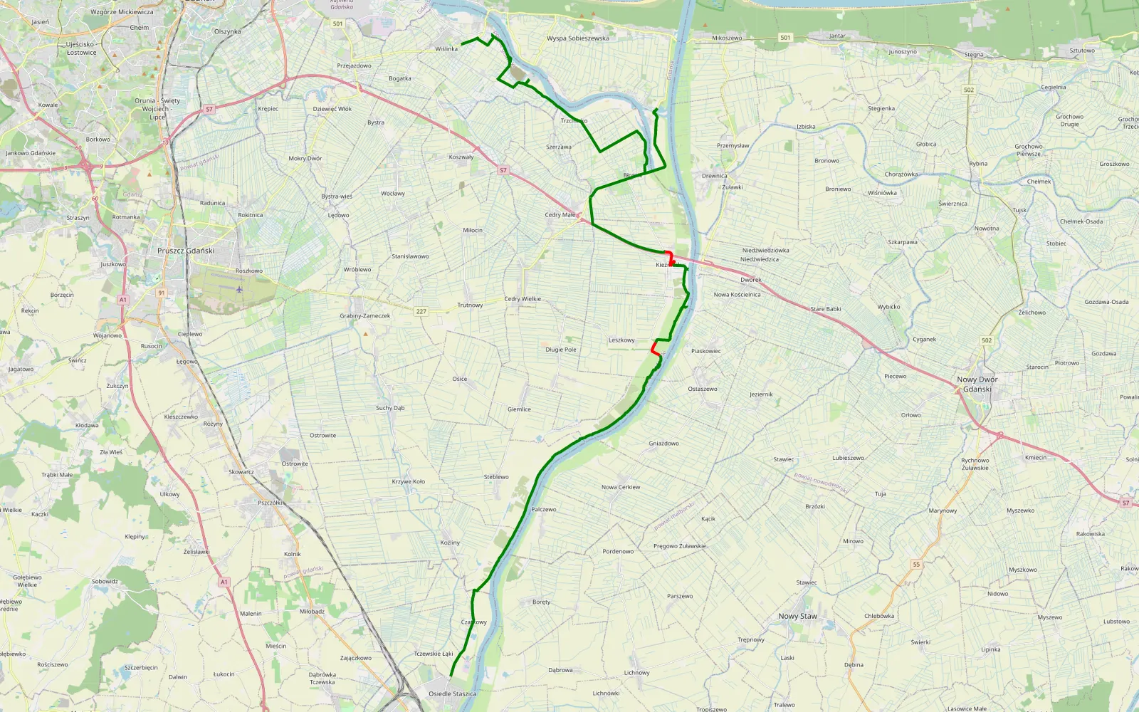 Mapa trasy Brzegiem Wisły. - 23.4 km trasy offroad, Powiat Gdański