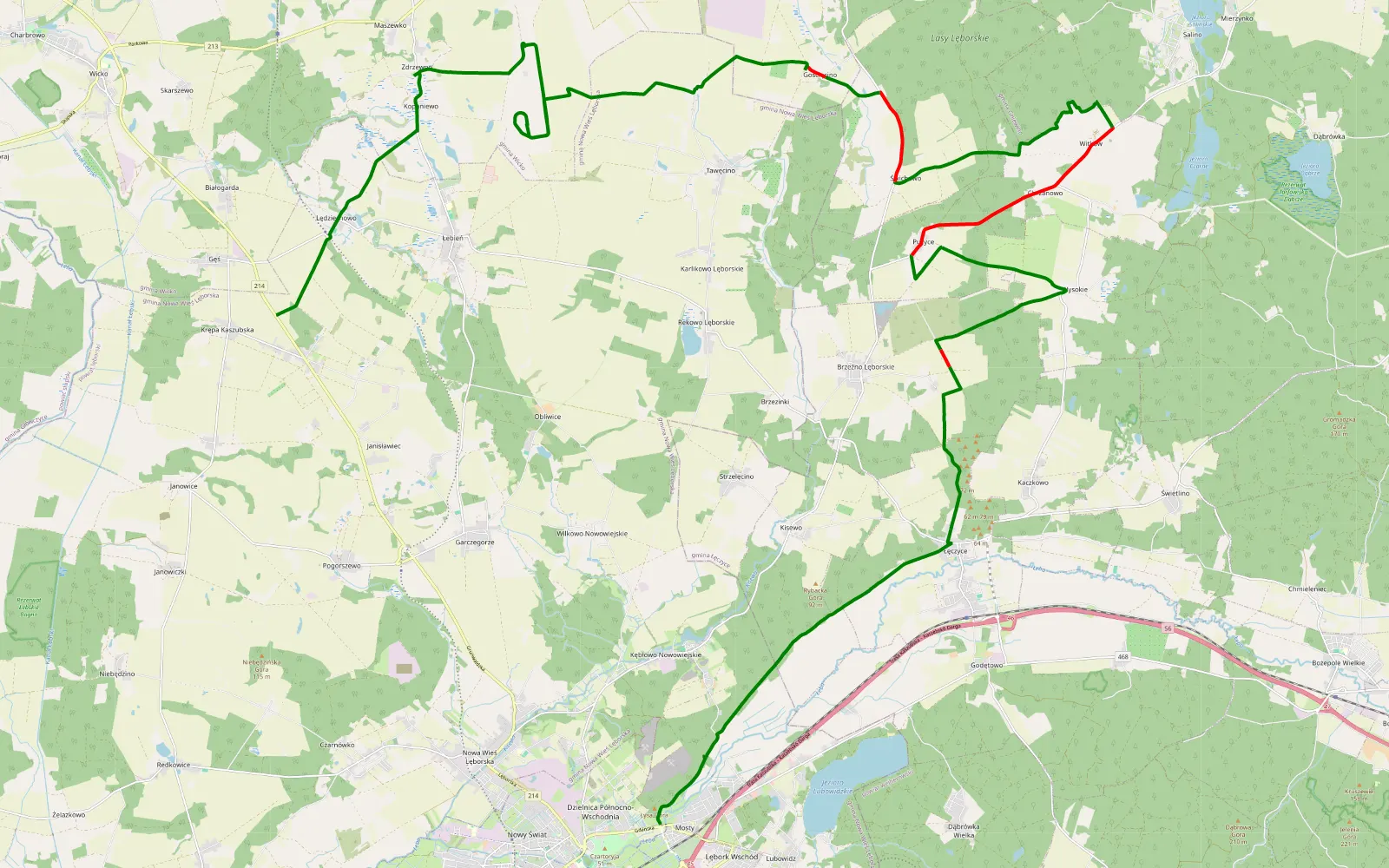 Map of Mosty - Krępa Kaszubska - 35.7 km offroad trail, Wejherowo County