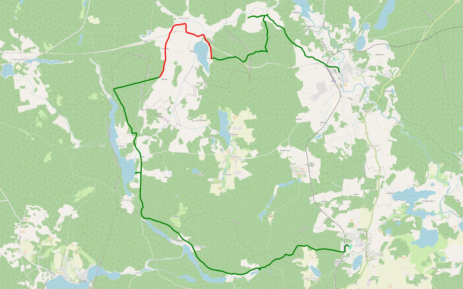 Map of Kalisz Pomorski - Lipusz - 26.6 km offroad trail, Kościerzyna County
