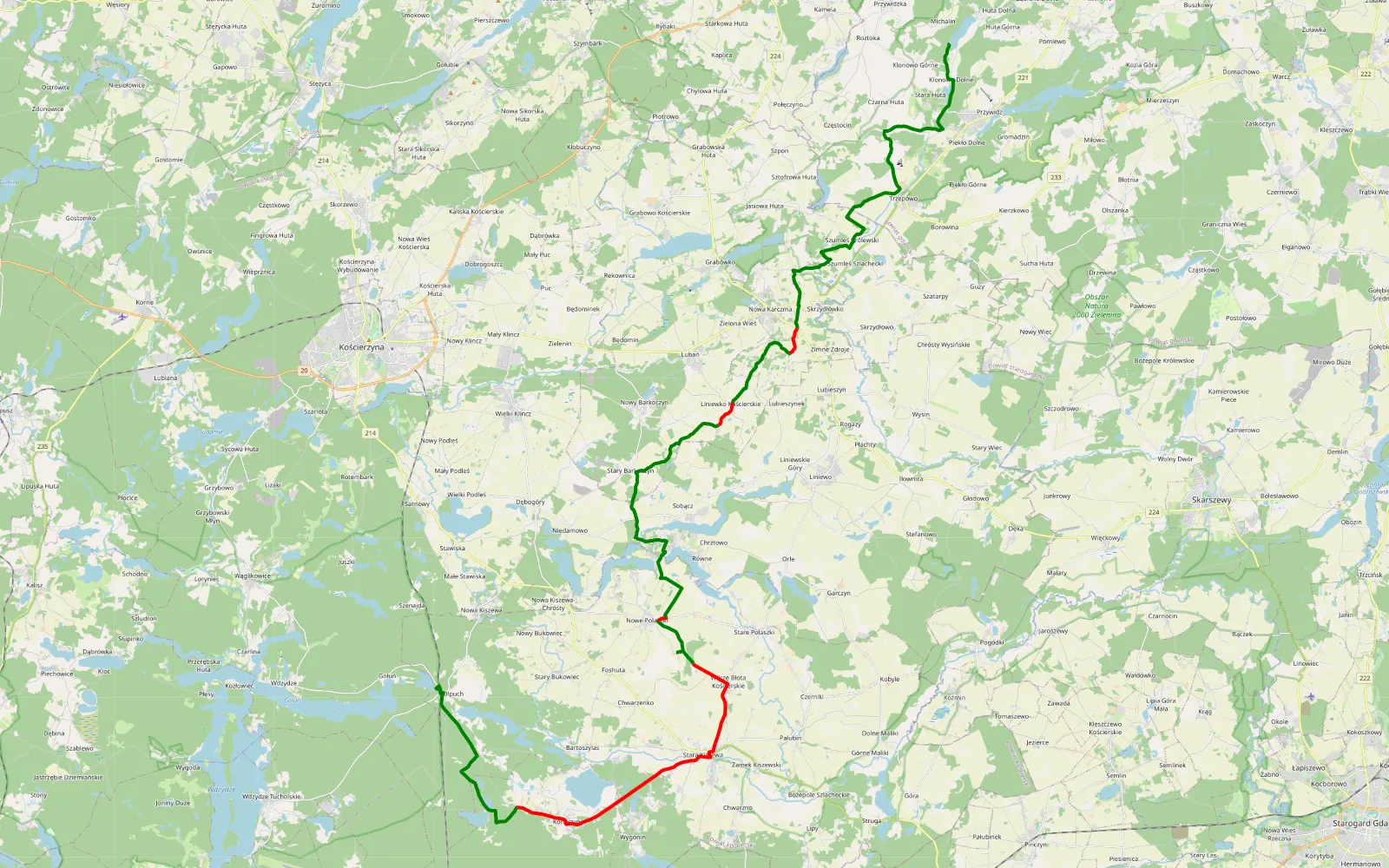 Mapa trasy Olpuch - Michalin - 45 km trasy offroad, Powiat Kościerski