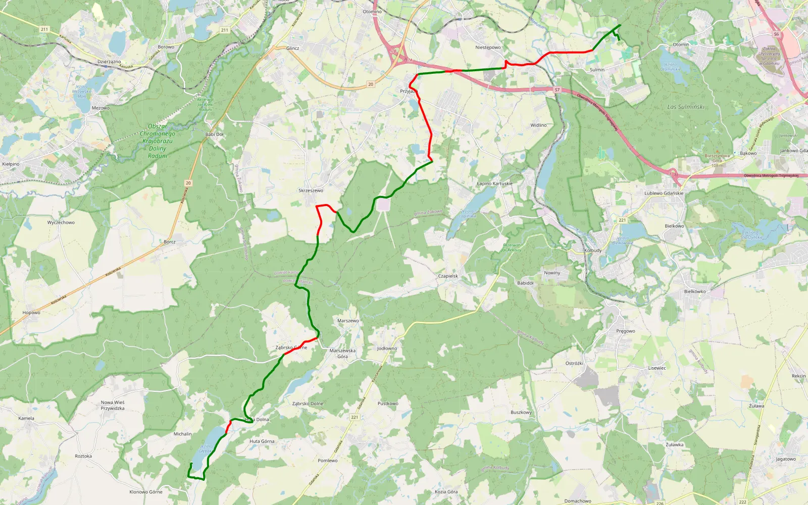 Mapa trasy Michalin - Sulmin - 25.4 km trasy offroad, Powiat Kartuski