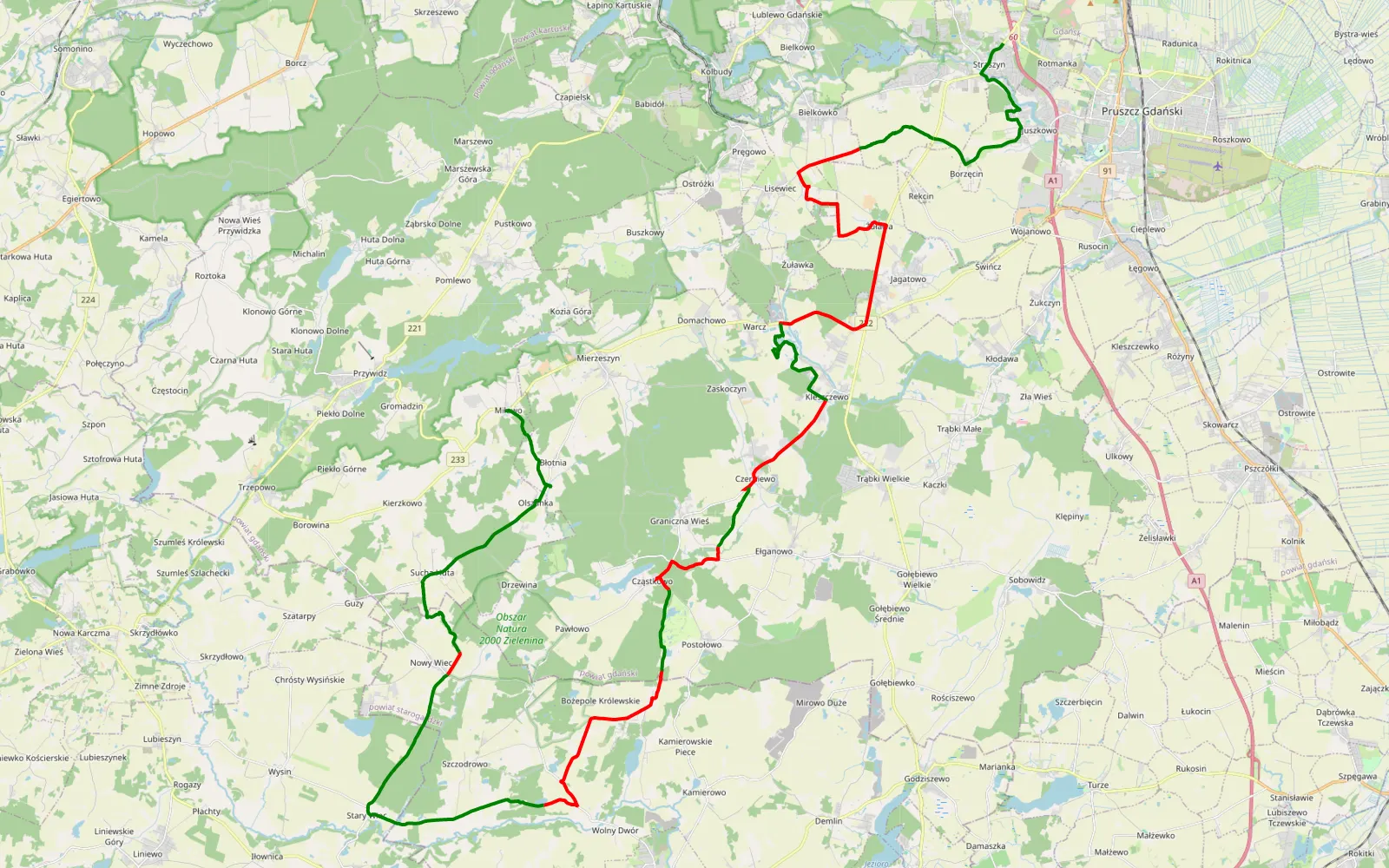 Mapa trasy Straszyn - Miłowo - 49.5 km trasy offroad, Powiat Gdański
