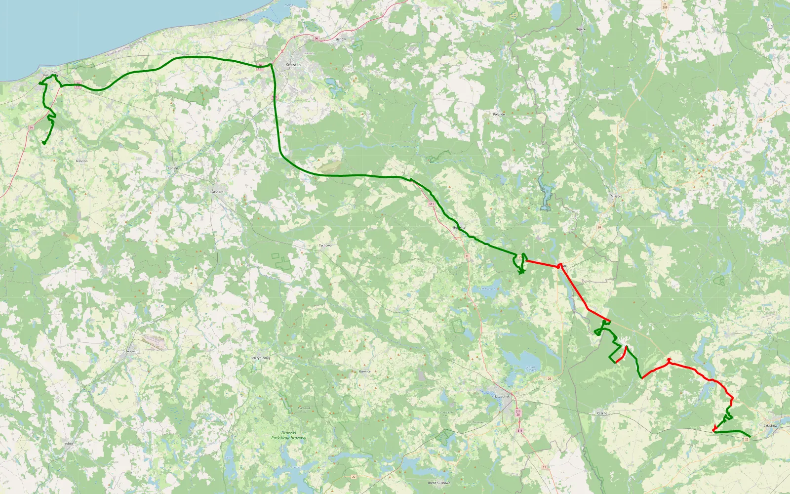 Mapa trasy Jaromierz - Charzyno - 93.9 km trasy offroad, Powiat Człuchowski