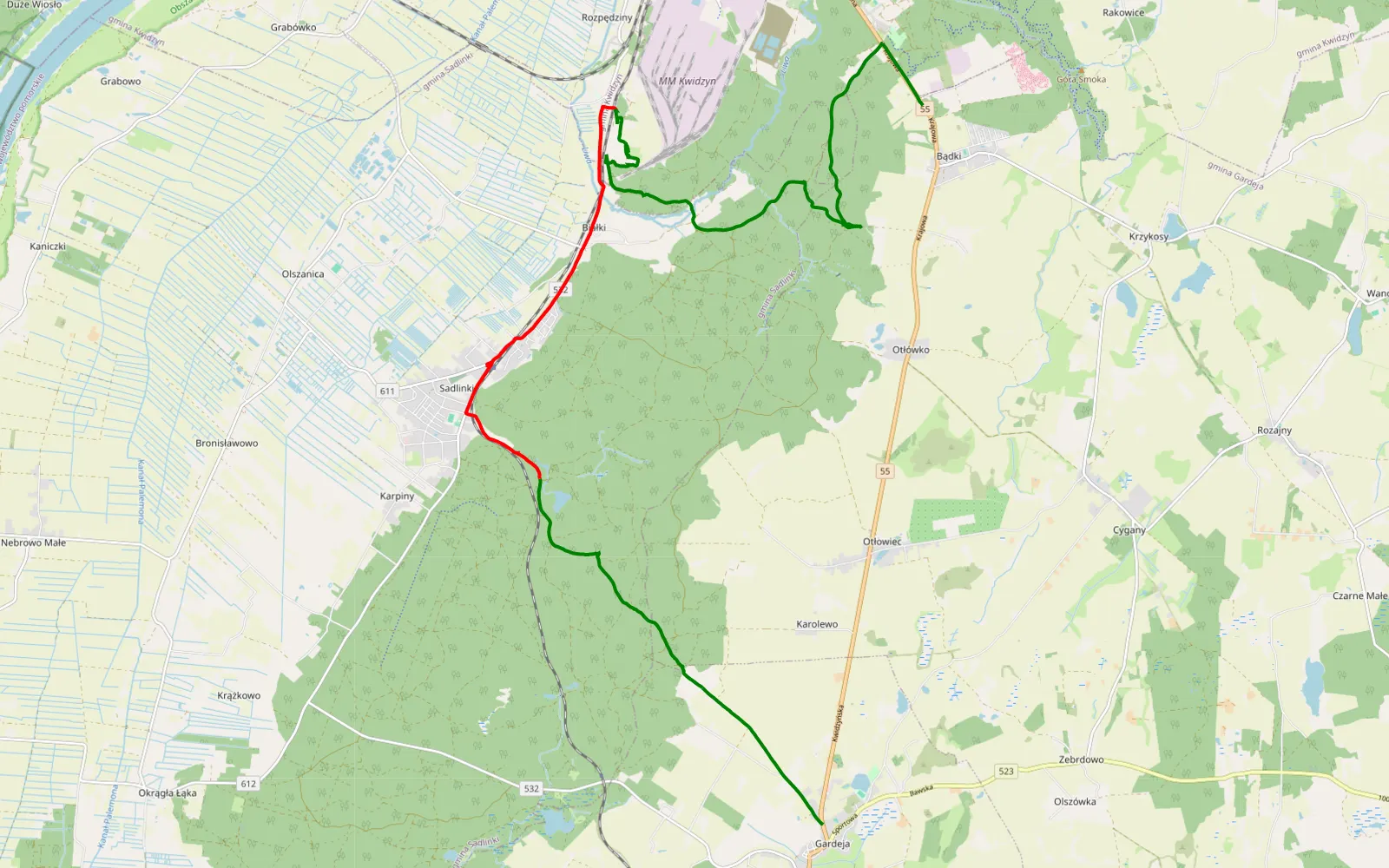 Mapa trasy Gardeja - Bądki - 19.9 km trasy offroad, Powiat Kwidzyński