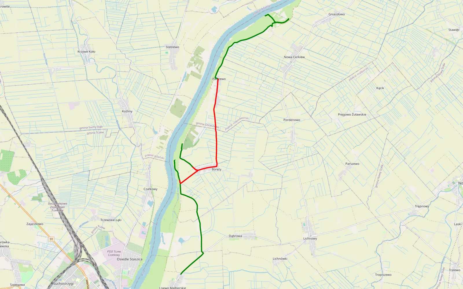 Mapa trasy Lisewo Malborskie - Nowa Cerkiew - 17.8 km trasy offroad, Powiat Malborski