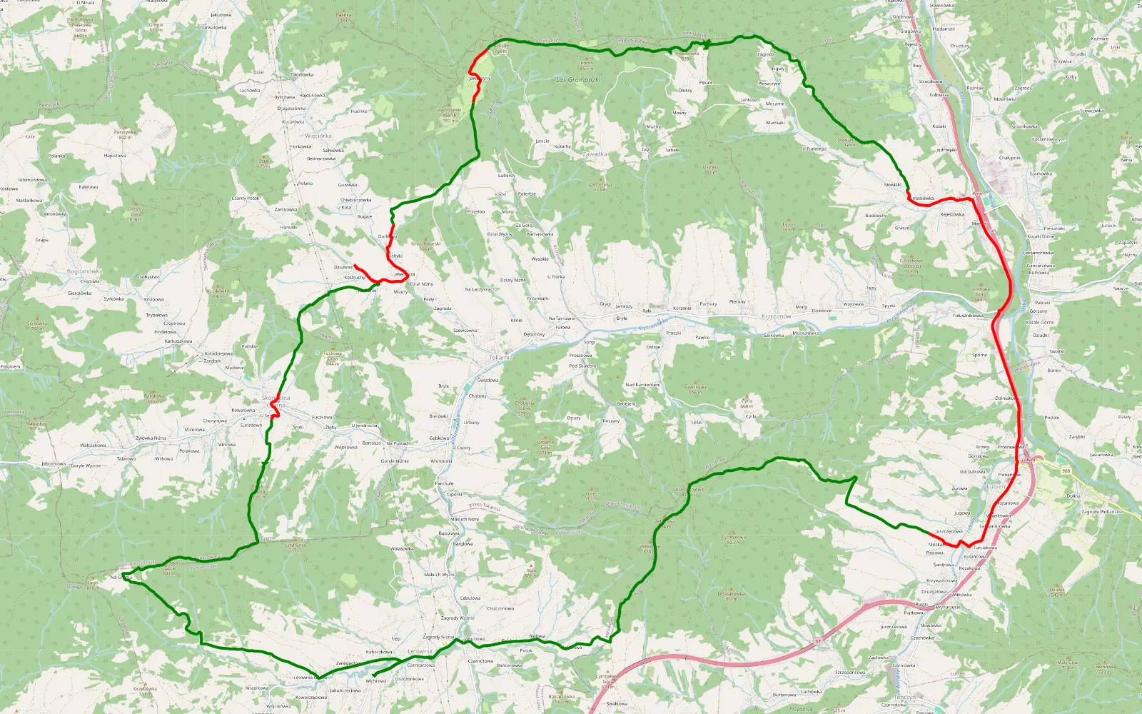 Mapa trasy Łętownia Pcim Lubień - 38.5 km trasy offroad, Powiat Myślenicki