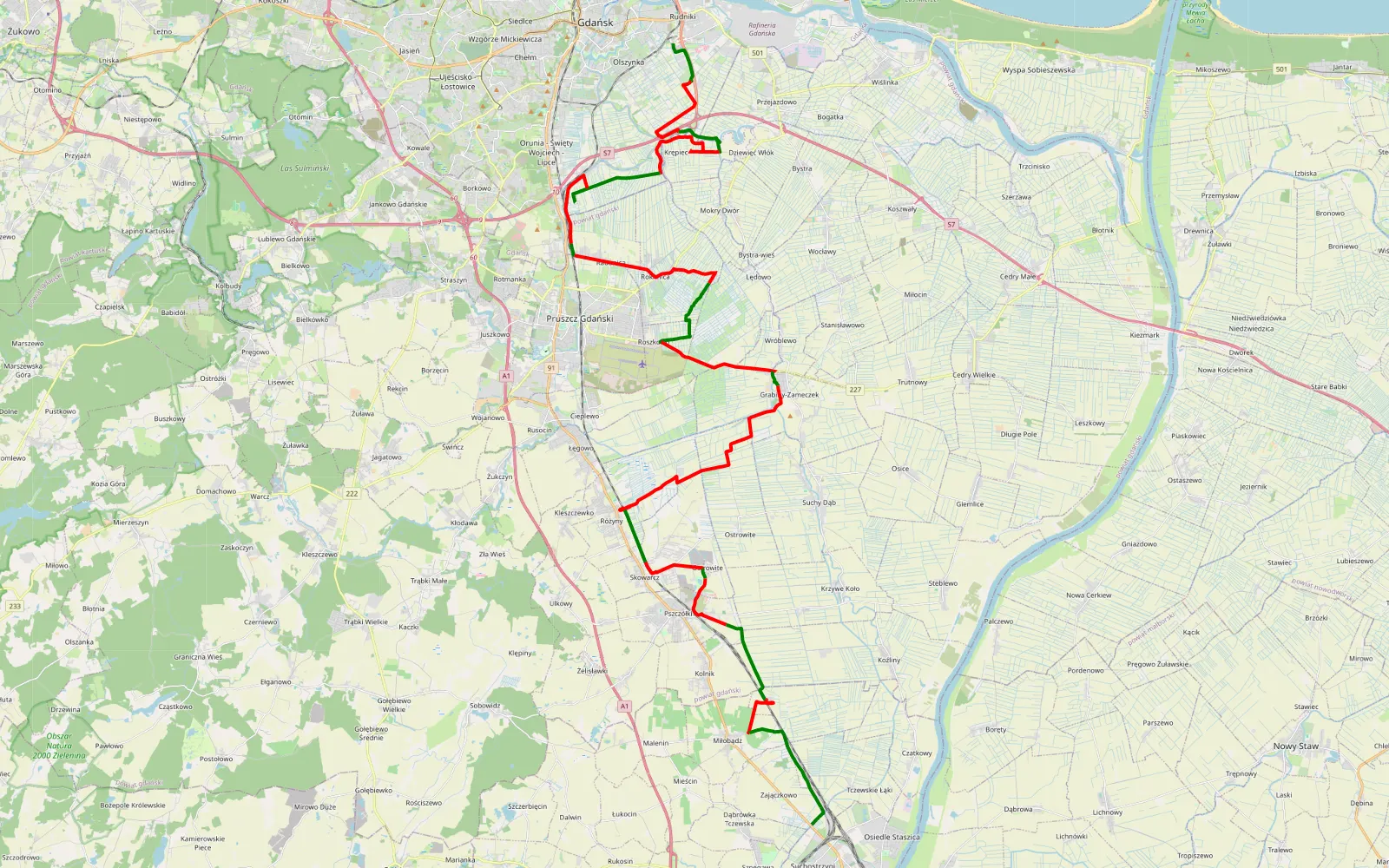 Mapa trasy Olsynka - Suchostrzygi - 57.1 km trasy offroad, Powiat Gdański