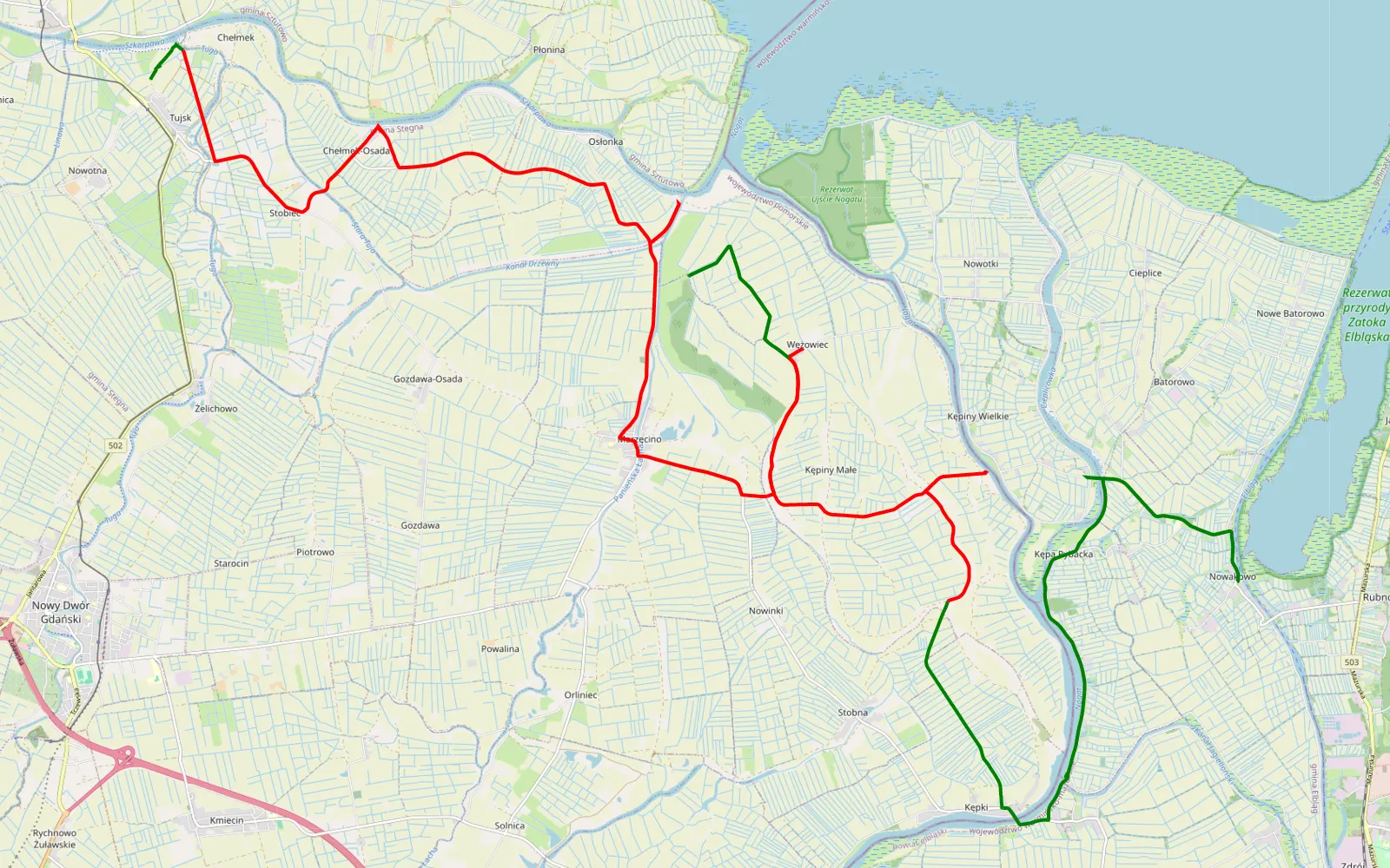 Mapa trasy Tujsk - Chełmek - 35.7 km trasy offroad, Powiat Nowodworski
