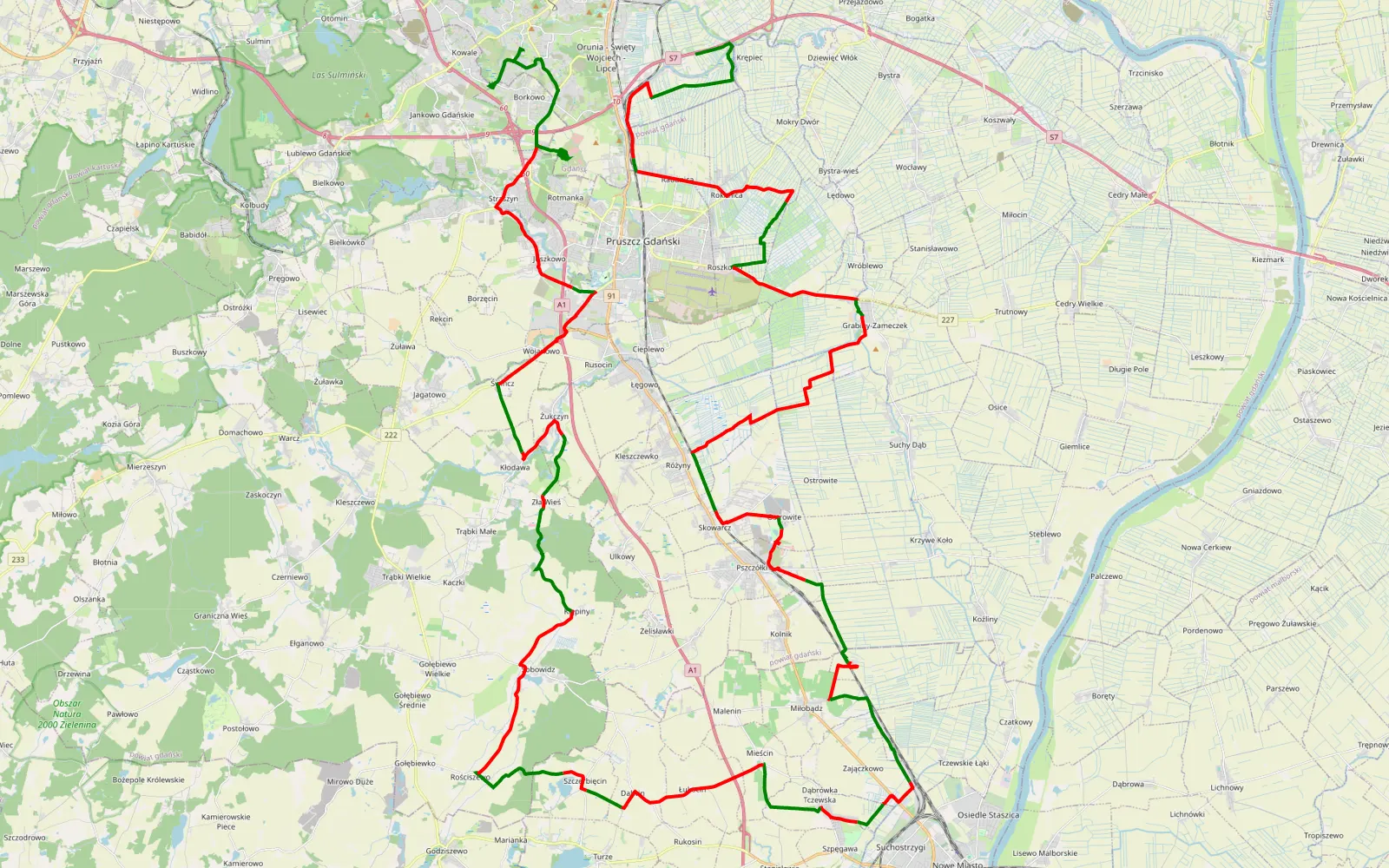 Mapa trasy Mokry Dwór - Łostowice - 93.1 km trasy offroad, Powiat Gdański
