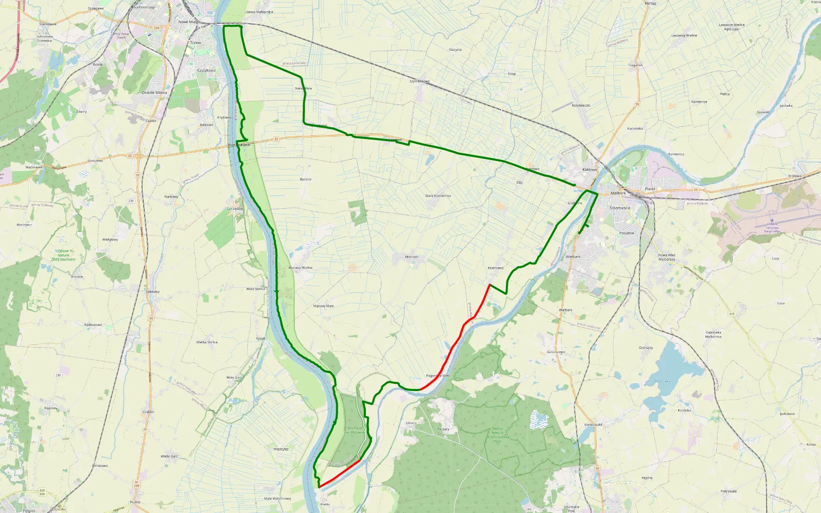 Mapa trasy Malbork-wisla - 30.5 km trasy offroad, Powiat Malborski