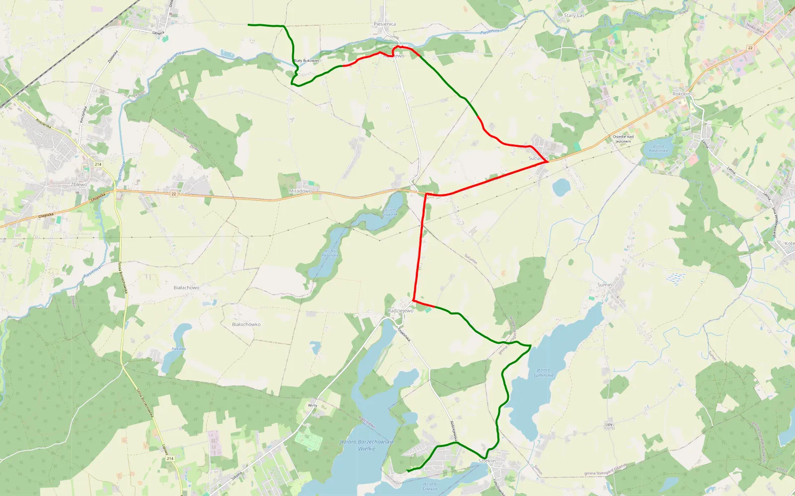 Mapa trasy Szteklin - Pinczyn - 13.8 km trasy offroad, Powiat Starogardzki
