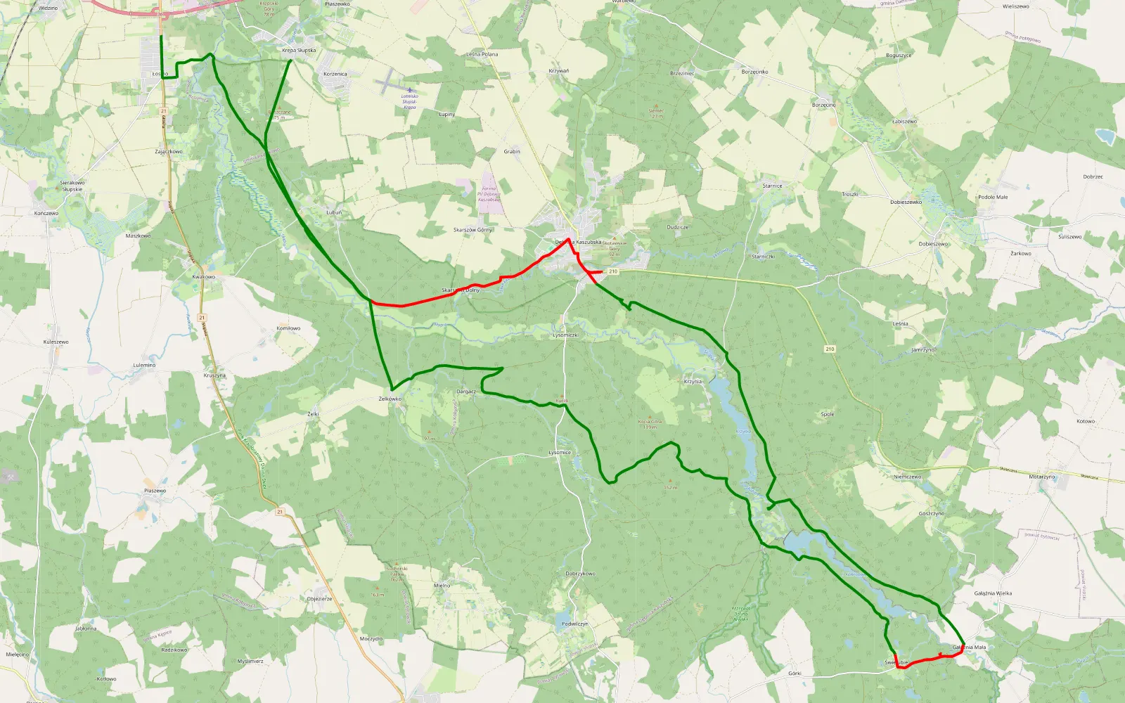 Mapa trasy Łosino - Krępa voucher - 51.4 km trasy offroad, Powiat Słupski