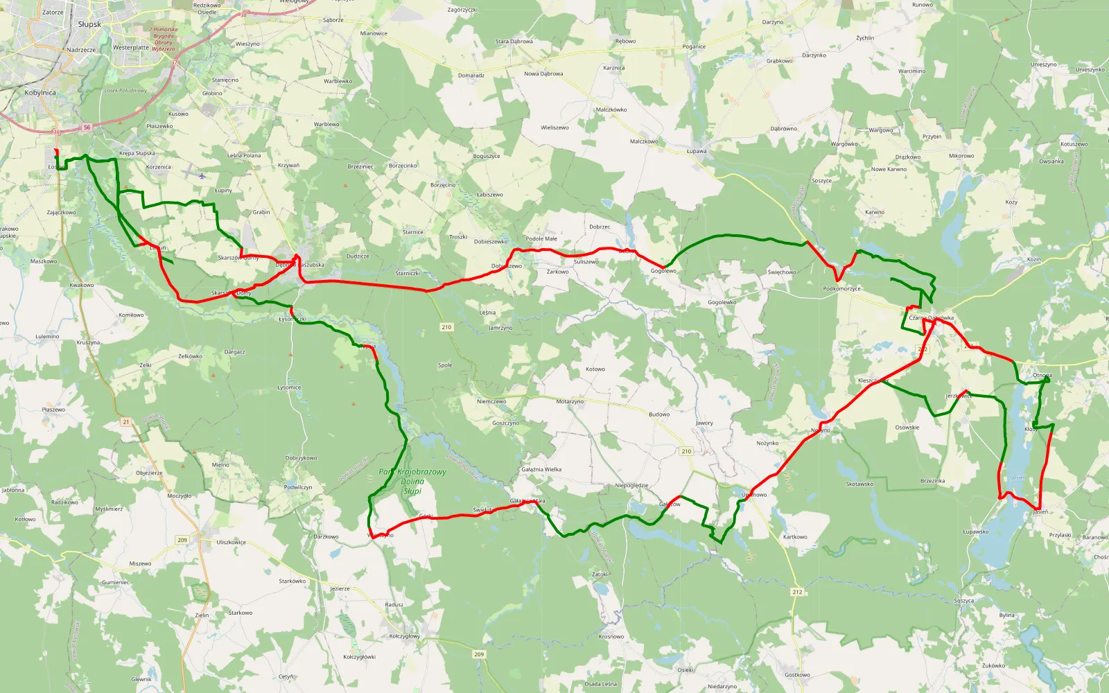 Mapa trasy Krępa - Łosino - 167.3 km trasy offroad, Powiat Słupski