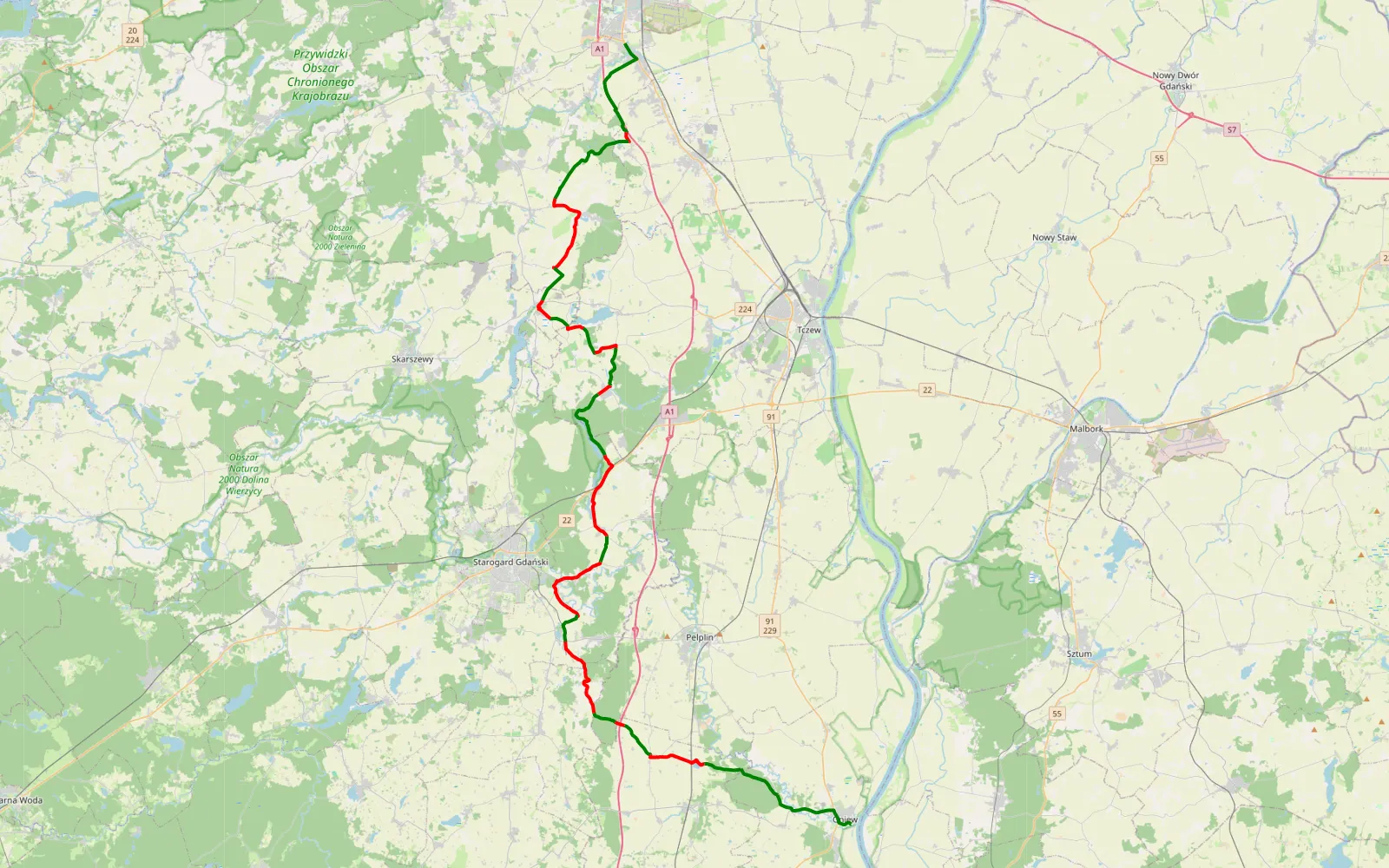 Mapa trasy Rusocin - Gniew - 65.7 km trasy offroad, Powiat Tczewski