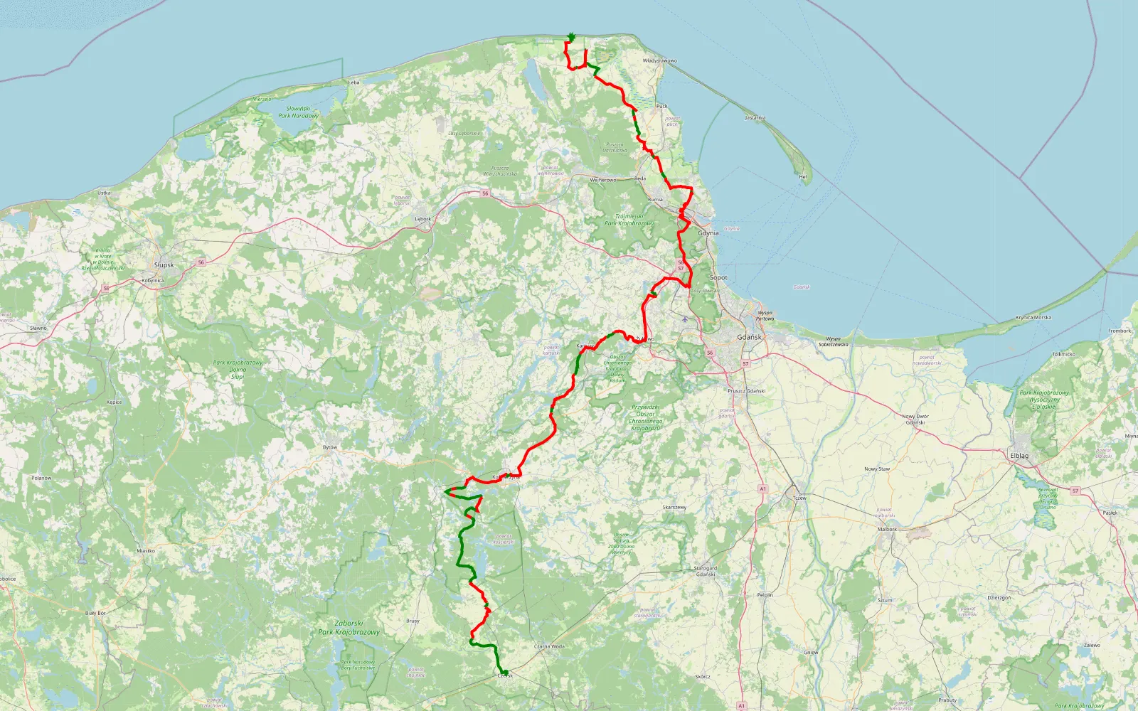 Mapa trasy Karwieńskie Błoto - Czersk - 218.5 km trasy offroad, Powiat Kościerski
