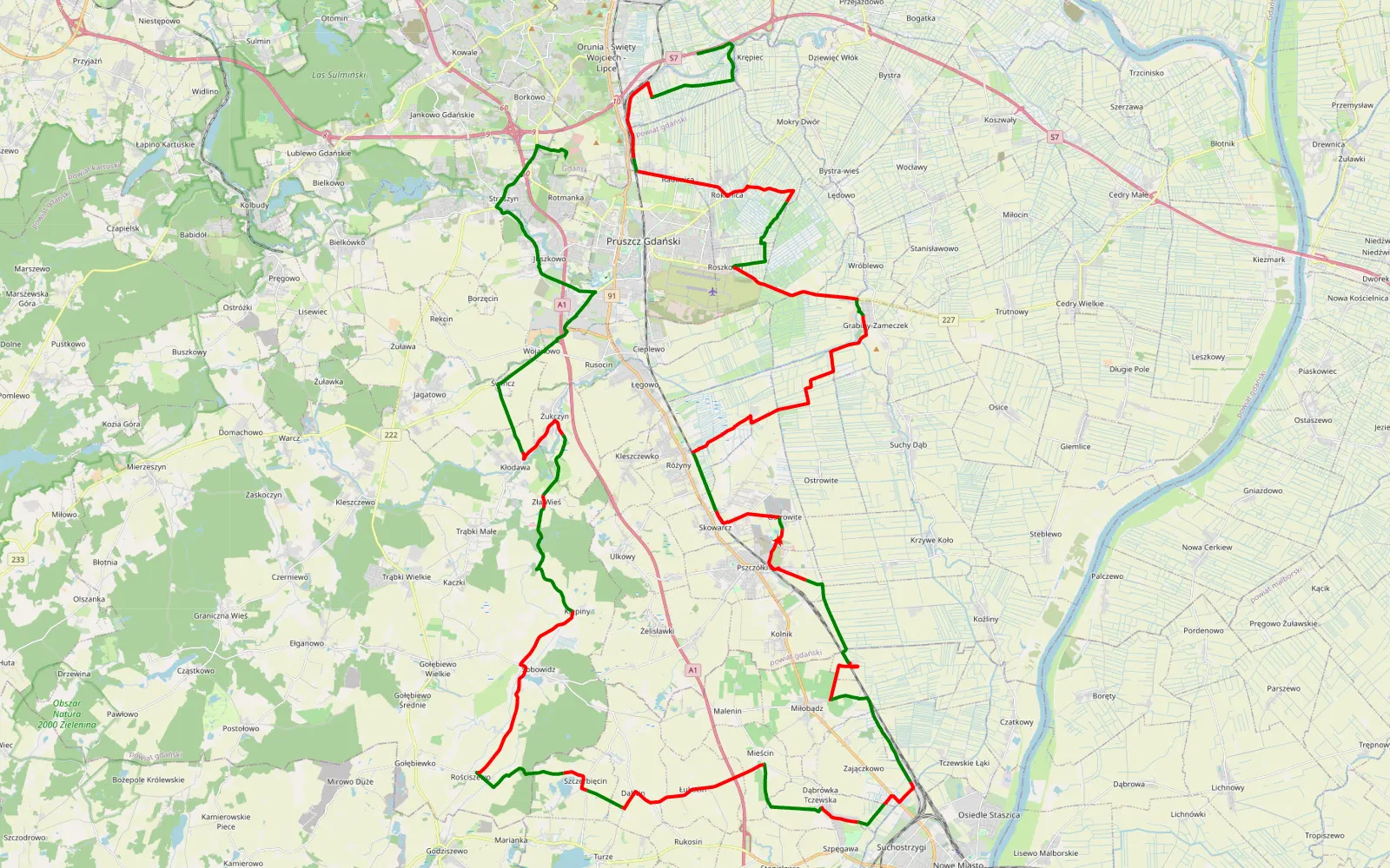 Mapa trasy Mokry Dwór - Rotmanka - 77 km trasy offroad, Powiat Gdański