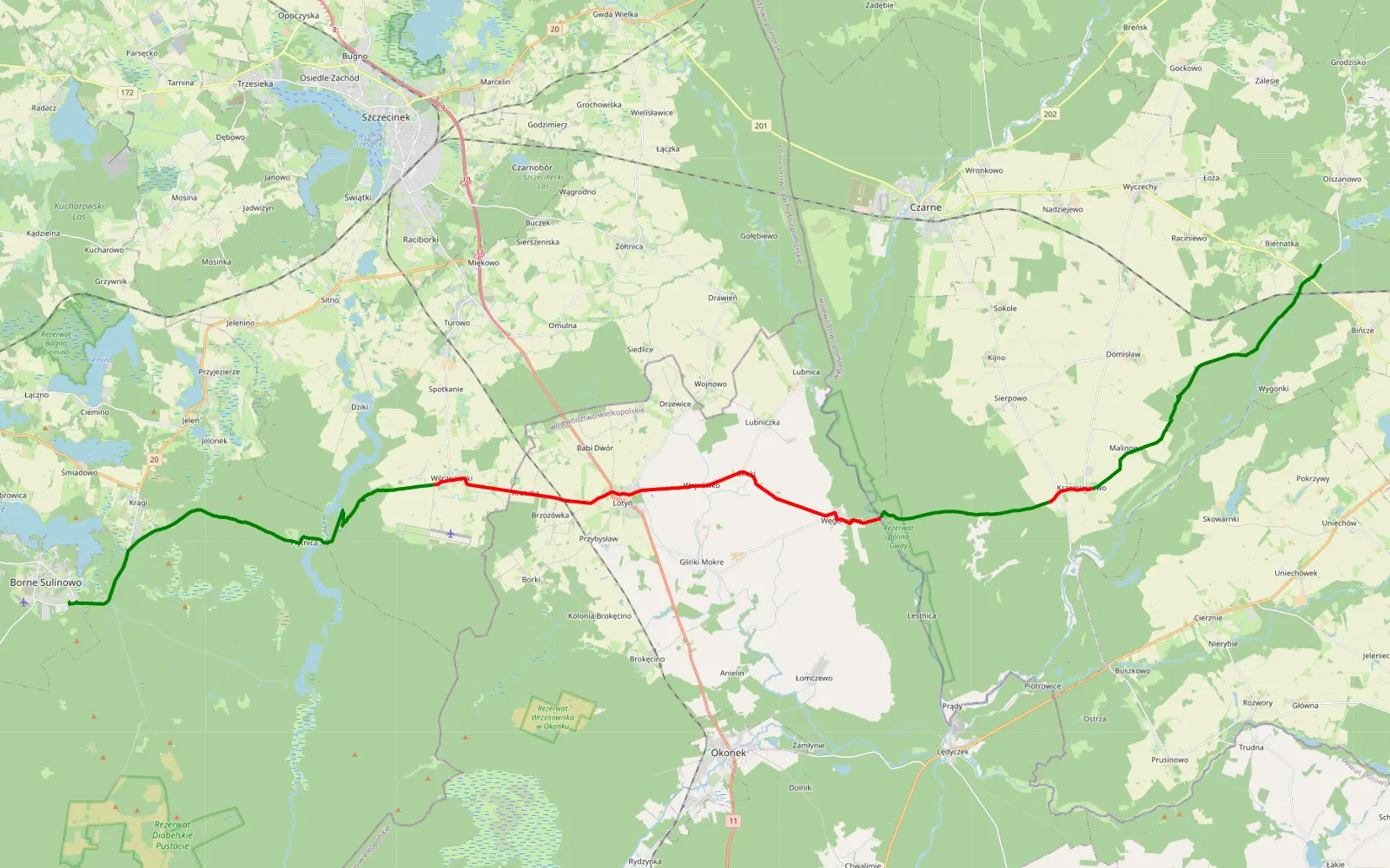 Map of Bińcze - Borne Sulinowo - 35.9 km offroad trail, Człuchów County