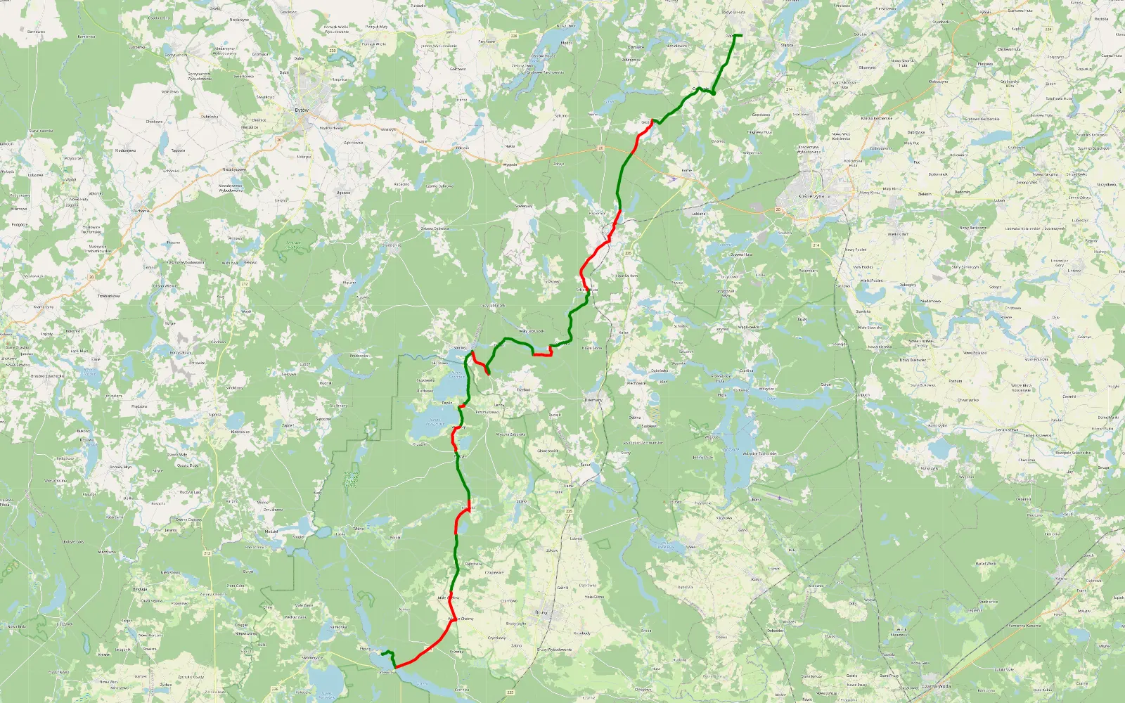 Mapa trasy Płęsno - Gapowo - 56.8 km trasy offroad, Powiat Kościerski