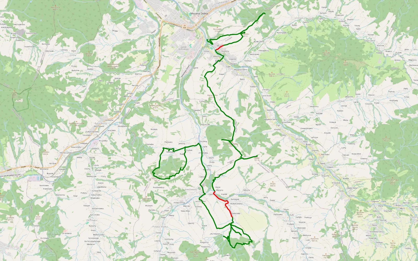 Map of Mszana Dolna - Podobin - 23 km offroad trail, Limanowa County