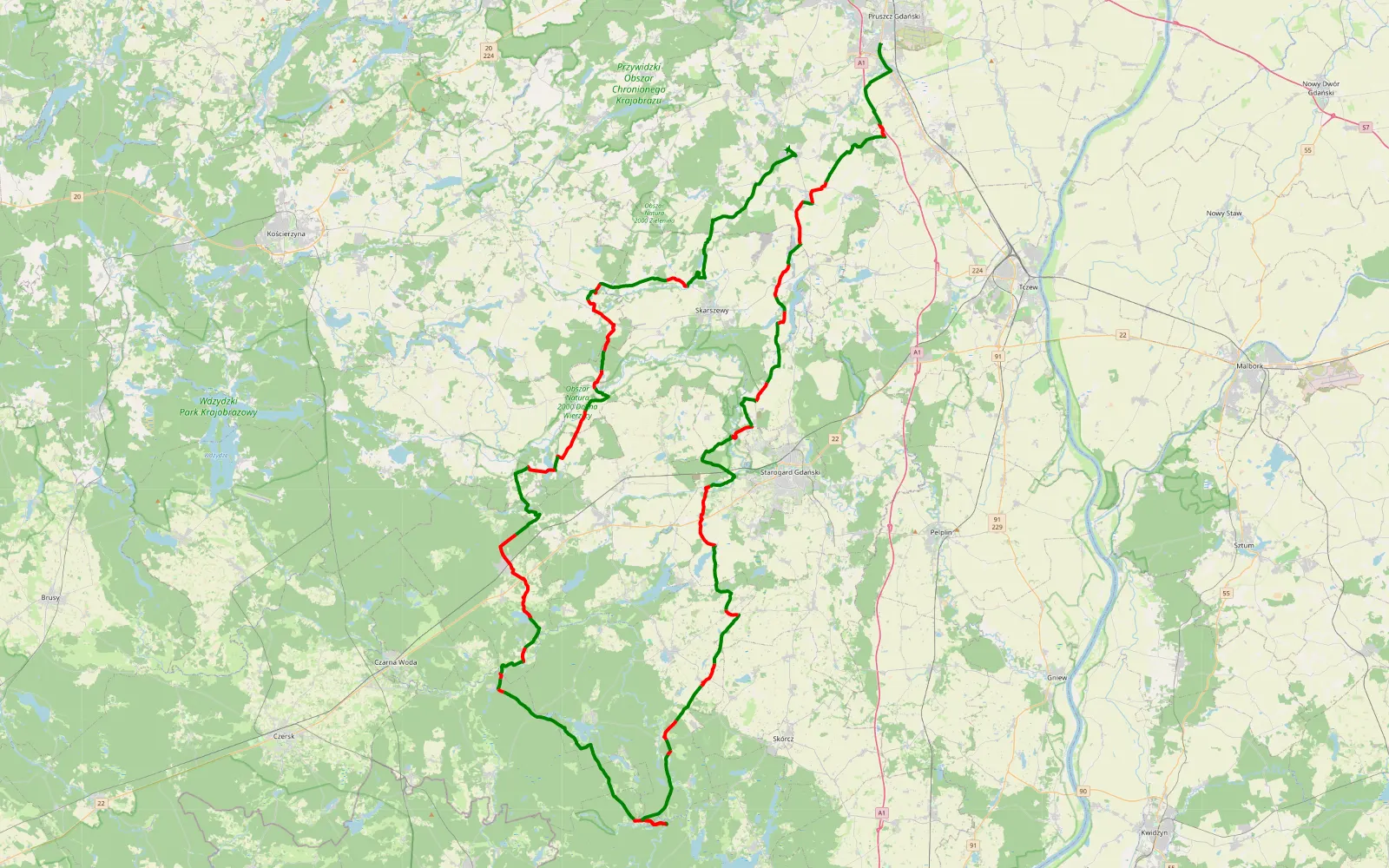 Map of Trąbki Wielkie - Rusocin - 149.1 km offroad trail, Starogard County
