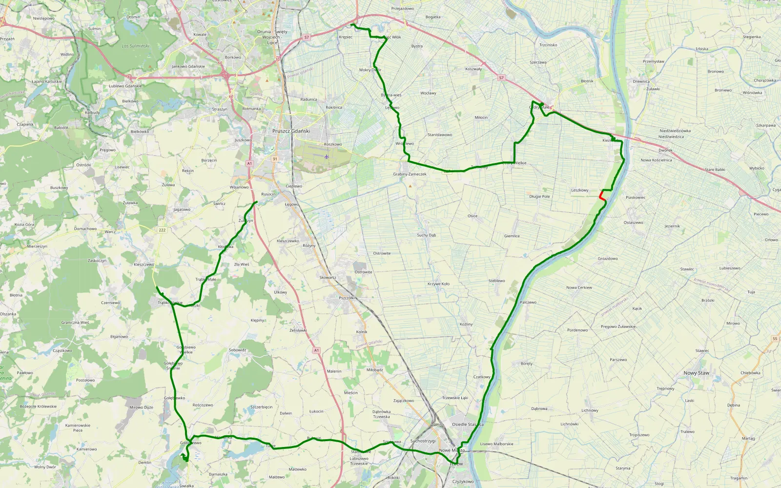 Mapa trasy Krępiec - Rusocin - 23.1 km trasy offroad, Powiat Gdański