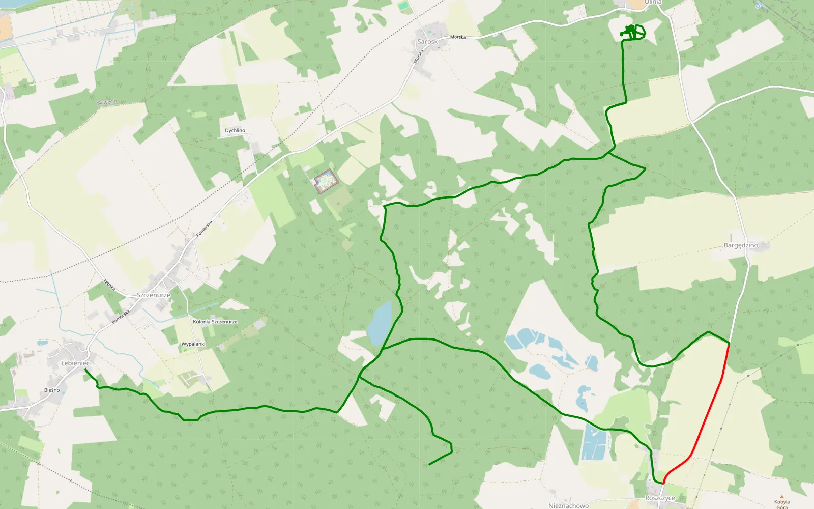 Map of Roszczyce - Łebieniec - 26.2 km offroad trail, Lębork County