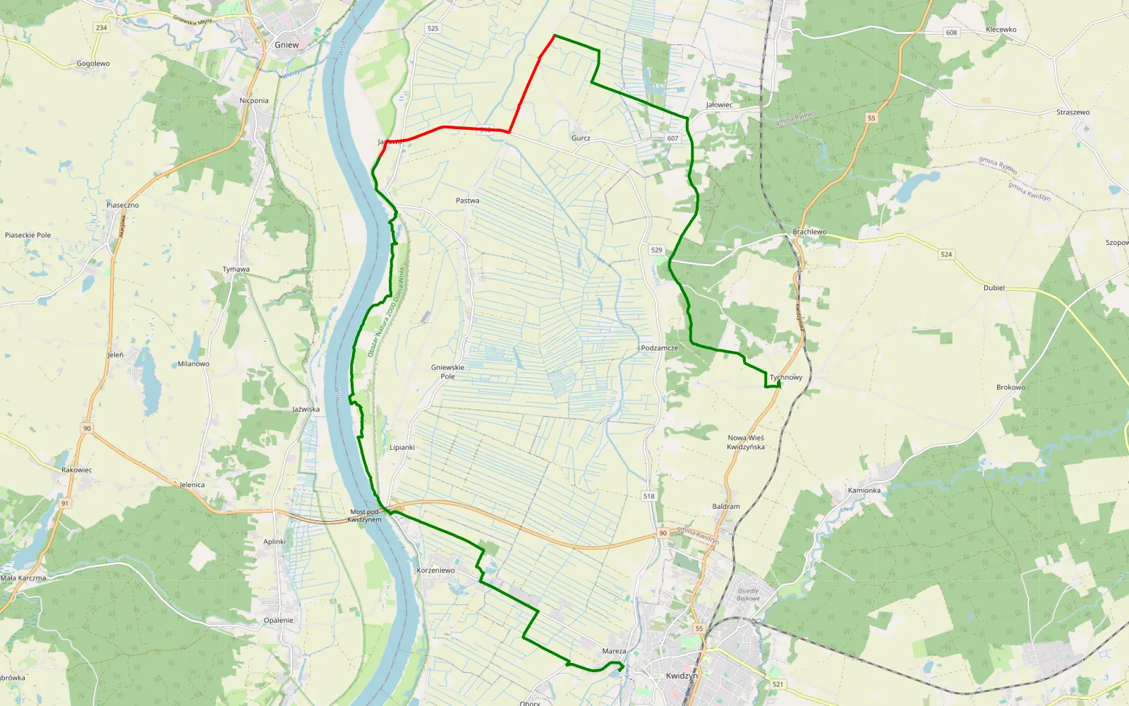 Mapa trasy Tychnowy - Mareza - part.3/3 - 22.1 km trasy offroad, Powiat Kwidzyński