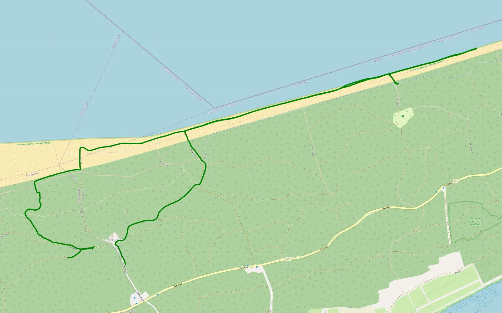 Mapa trasy Wydmy - 7.6 km trasy offroad, Powiat Nowodworski