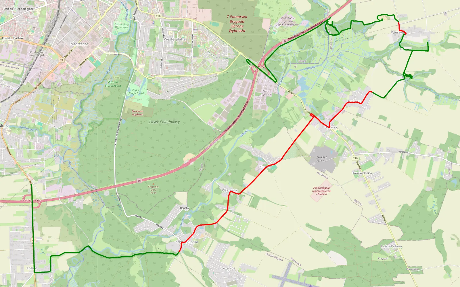 Mapa trasy Głobino - Kobylnica - 21.5 km trasy offroad, Powiat Słupski