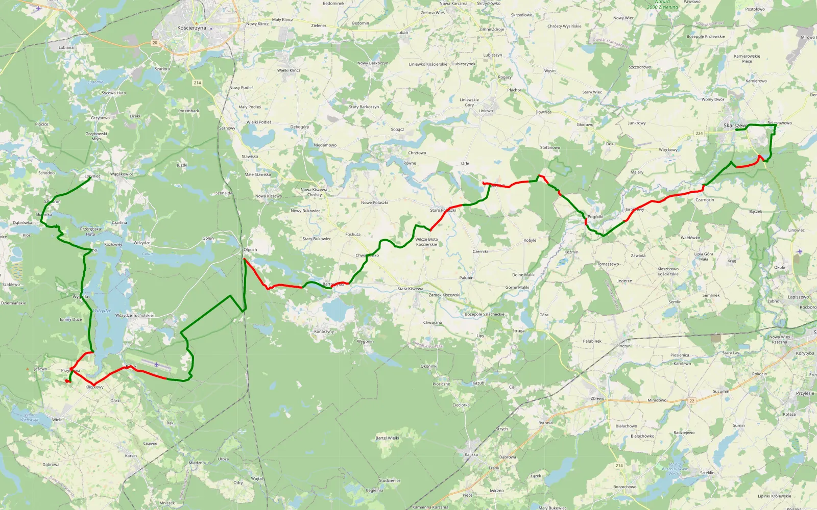 Mapa trasy Skarszewy - Loryniec - 78.3 km trasy offroad, Powiat Kościerski