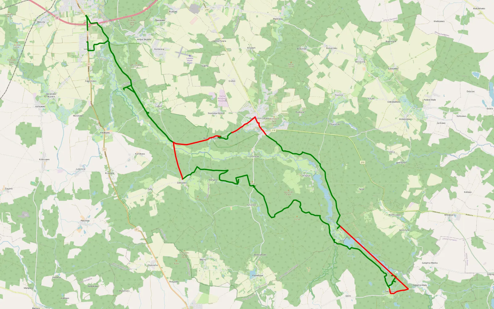 Mapa trasy Łosino - Gałąźnia Mała - 64.6 km trasy offroad, Powiat Słupski