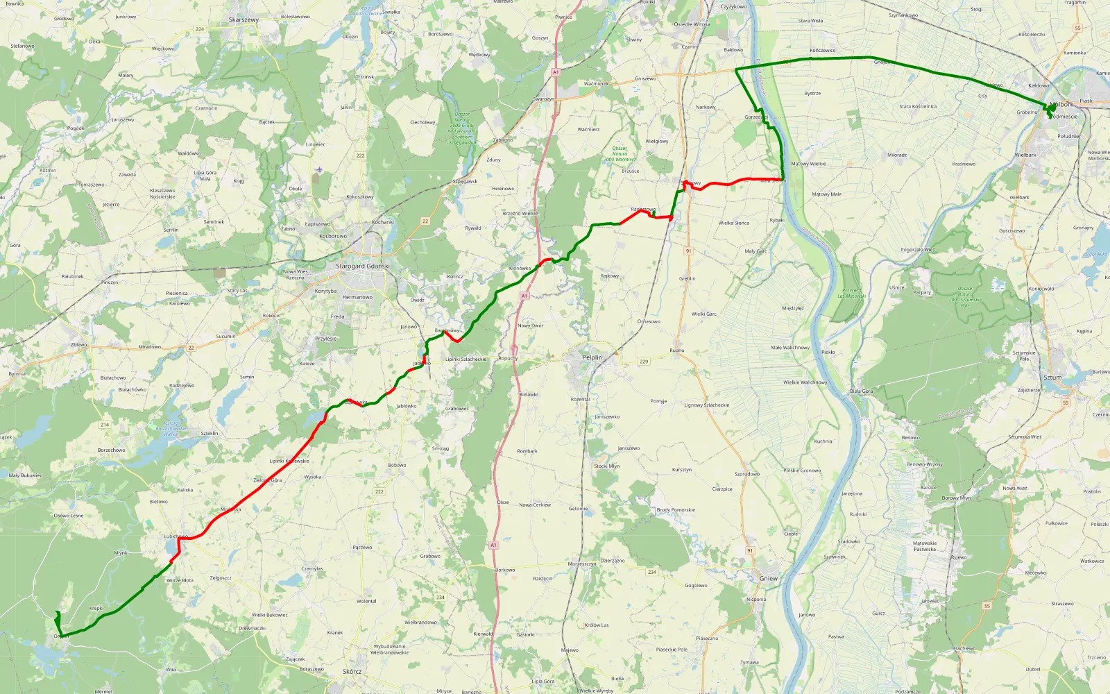 Mapa trasy Malbork - Ocypel - 52.8 km trasy offroad, Powiat Starogardzki