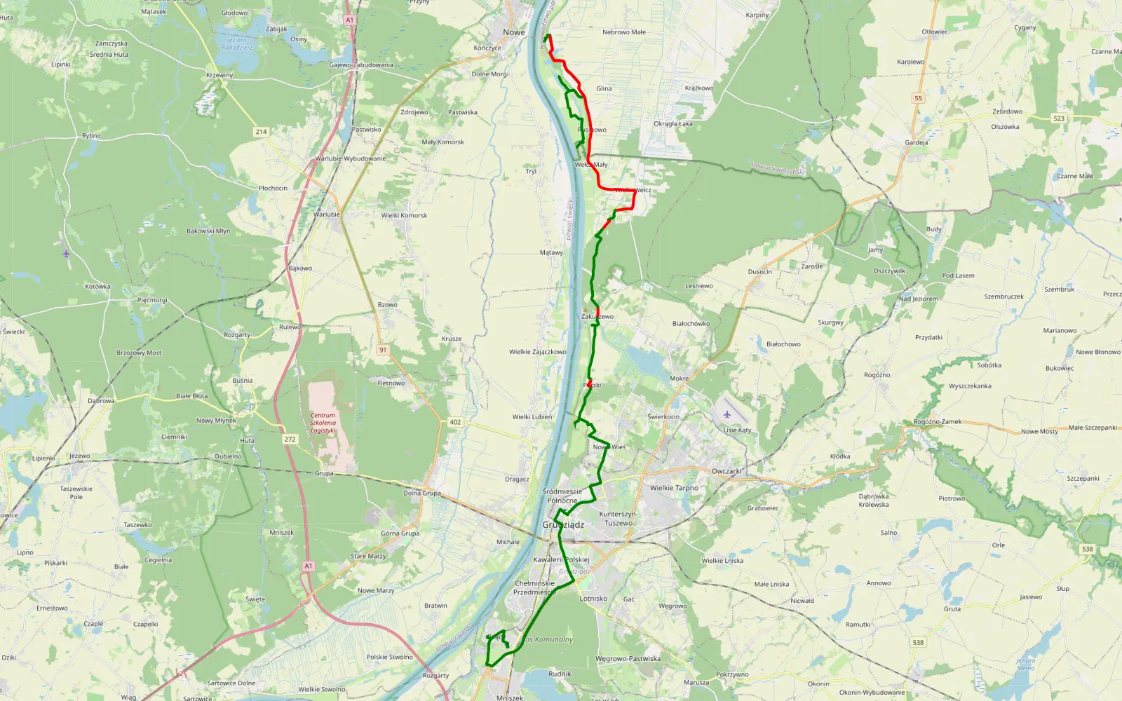 Mapa trasy Rusinowo - Rządz - 27.7 km trasy offroad, Powiat Kwidzyński