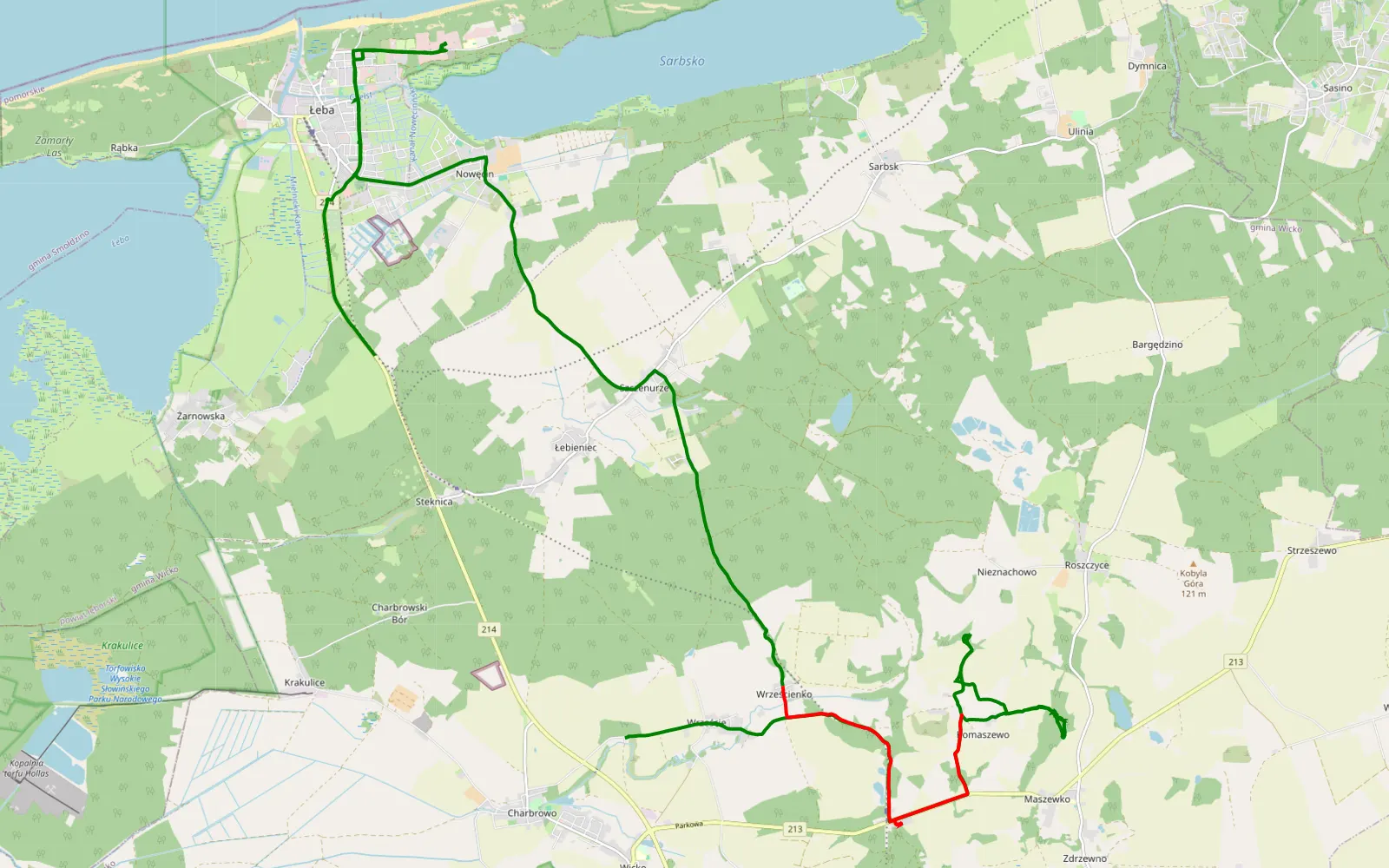 Map of Wrzeście - Żarnowska - 14.5 km offroad trail, Lębork County