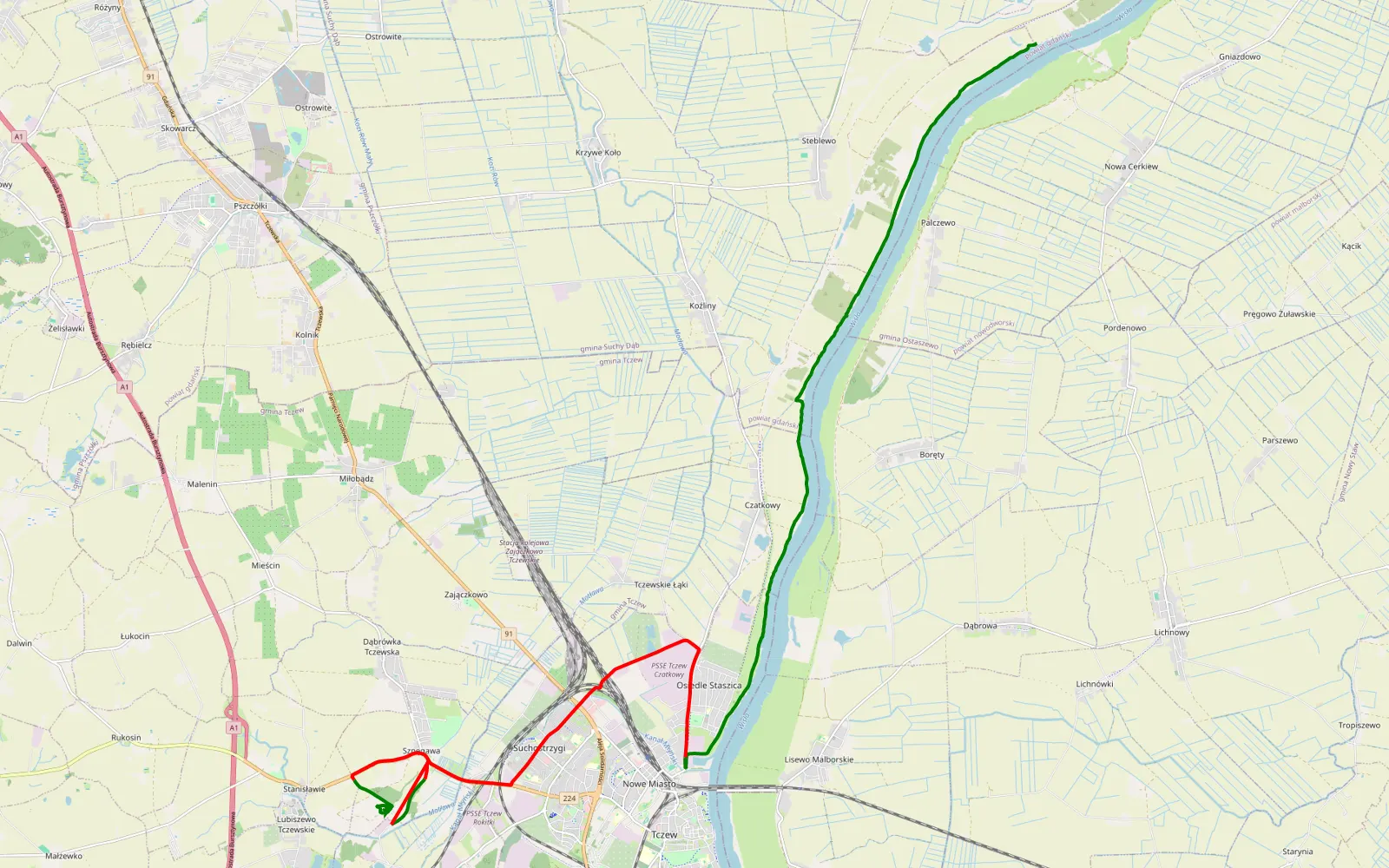 Mapa trasy Nowa Cerkiew - Szpegawa - 26.4 km trasy offroad, Powiat Tczewski
