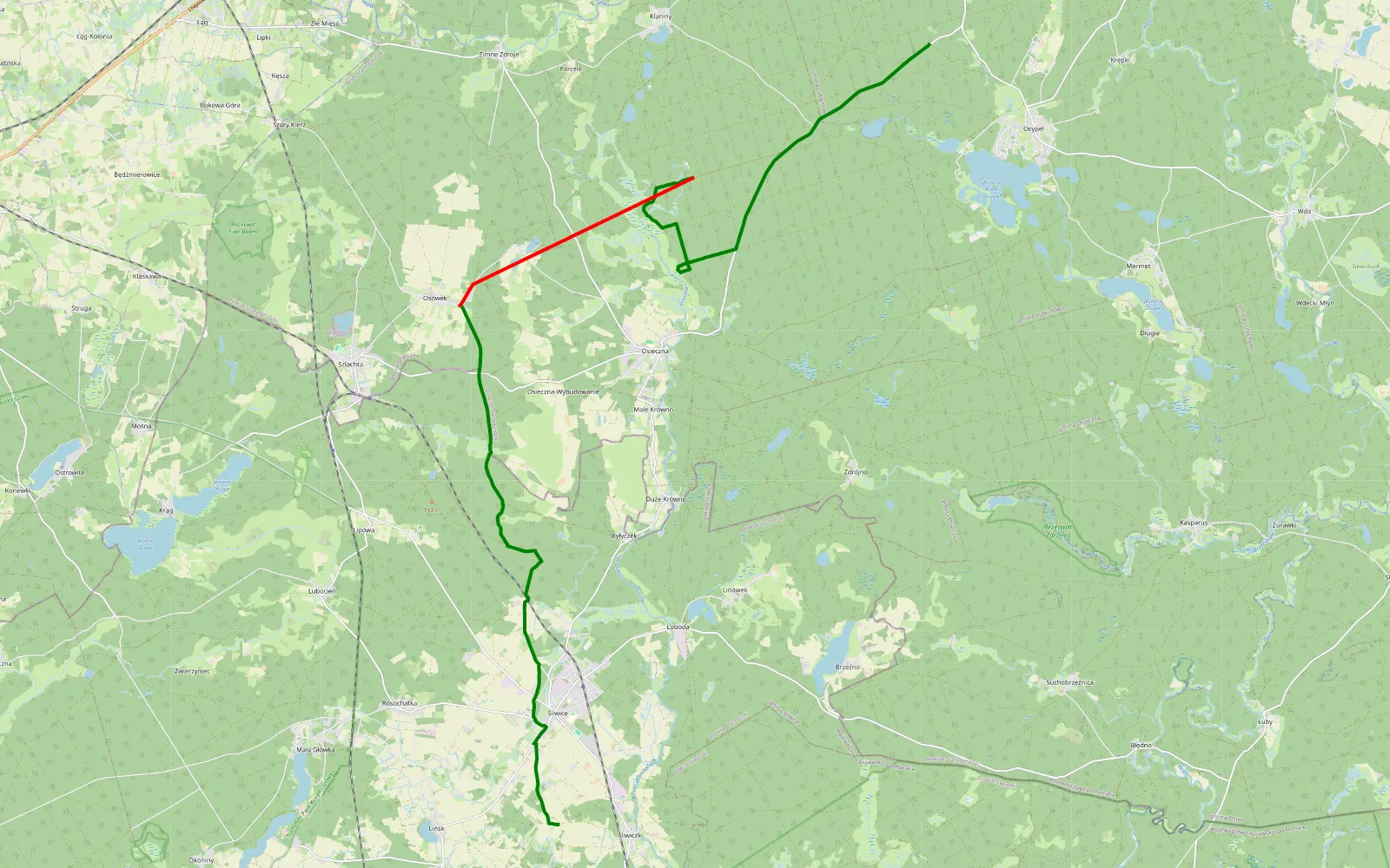 Mapa trasy Ocypel - Śliwiczki - 16.7 km trasy offroad, Powiat Starogardzki
