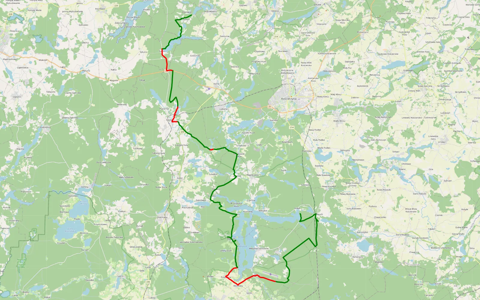 Map of Olpuch - Ostrowite - 62.3 km offroad trail, Kościerzyna County