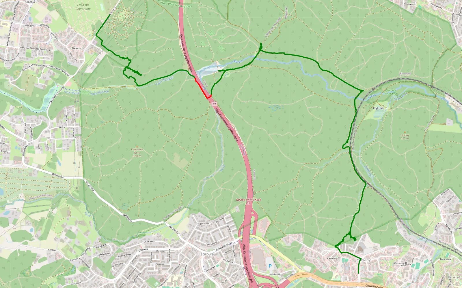 Mapa trasy Zelenisz - Karwiny - 7.6 km trasy offroad, Gdynia
