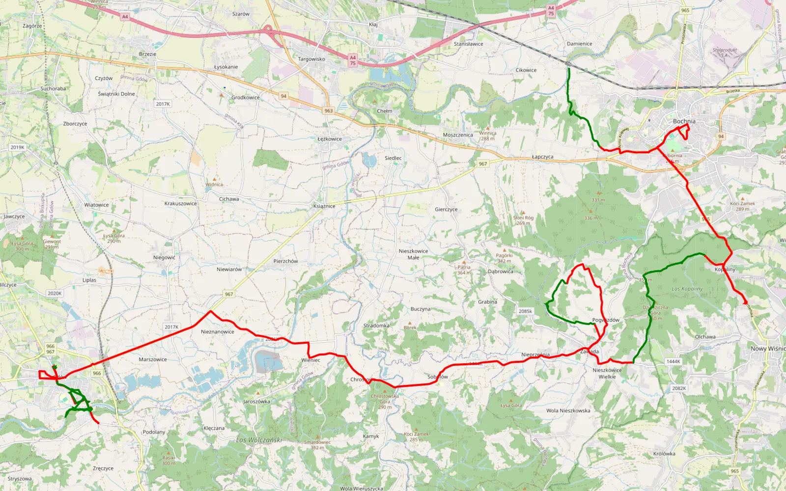 Mapa trasy Cikowice - 51 km trasy offroad, Powiat Bocheński
