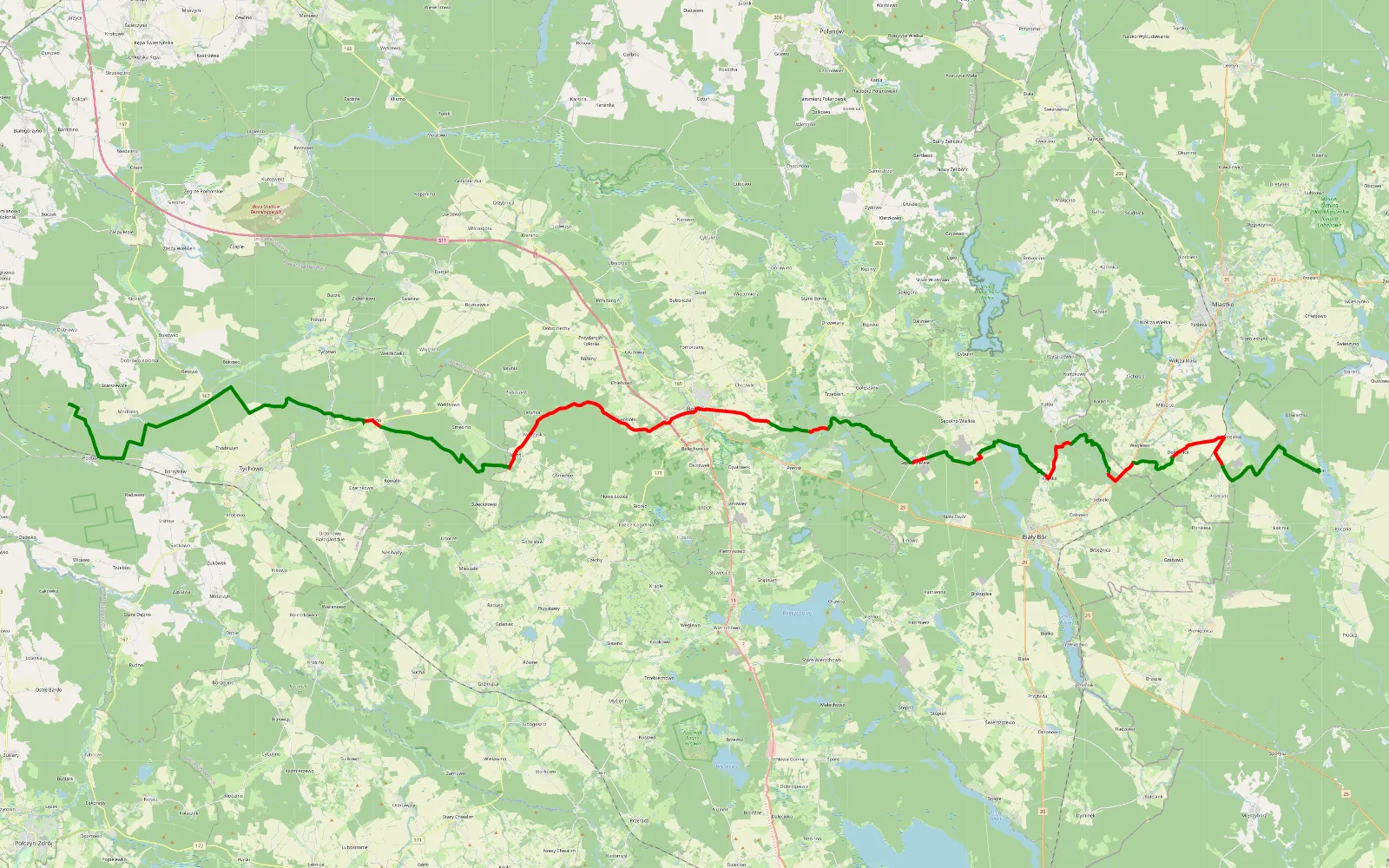 Mapa trasy Dźwierzno - Dobrowo (Koczała - Podborsko) ETAP 1/2 - 75.7 km trasy offroad, Powiat Białogardzki