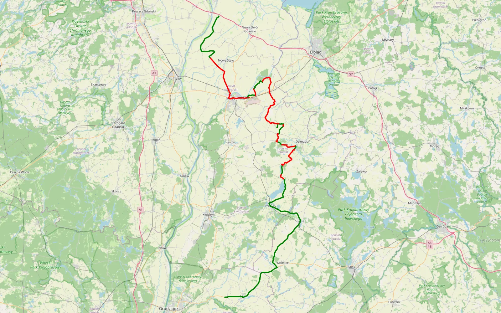Mapa trasy Nowa Kościelnica - Nowe Mosty - 87.2 km trasy offroad, Powiat Malborski