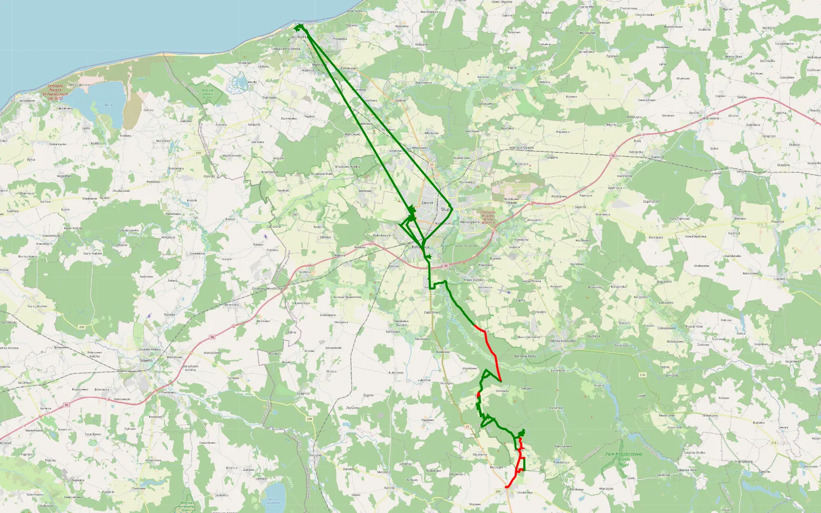 Mapa trasy Żelki - Kobylnica - 45.6 km trasy offroad, Powiat Słupski
