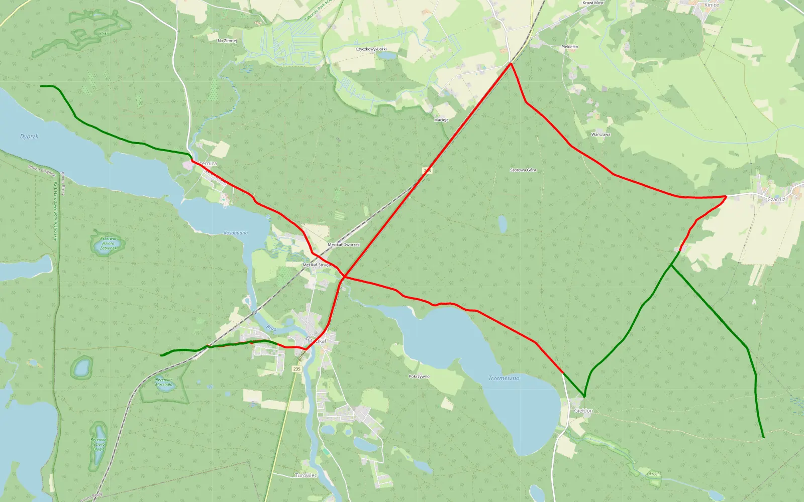 Map of Wielkie Chełmy - Męcikał - 30.2 km offroad trail, Chojnice County