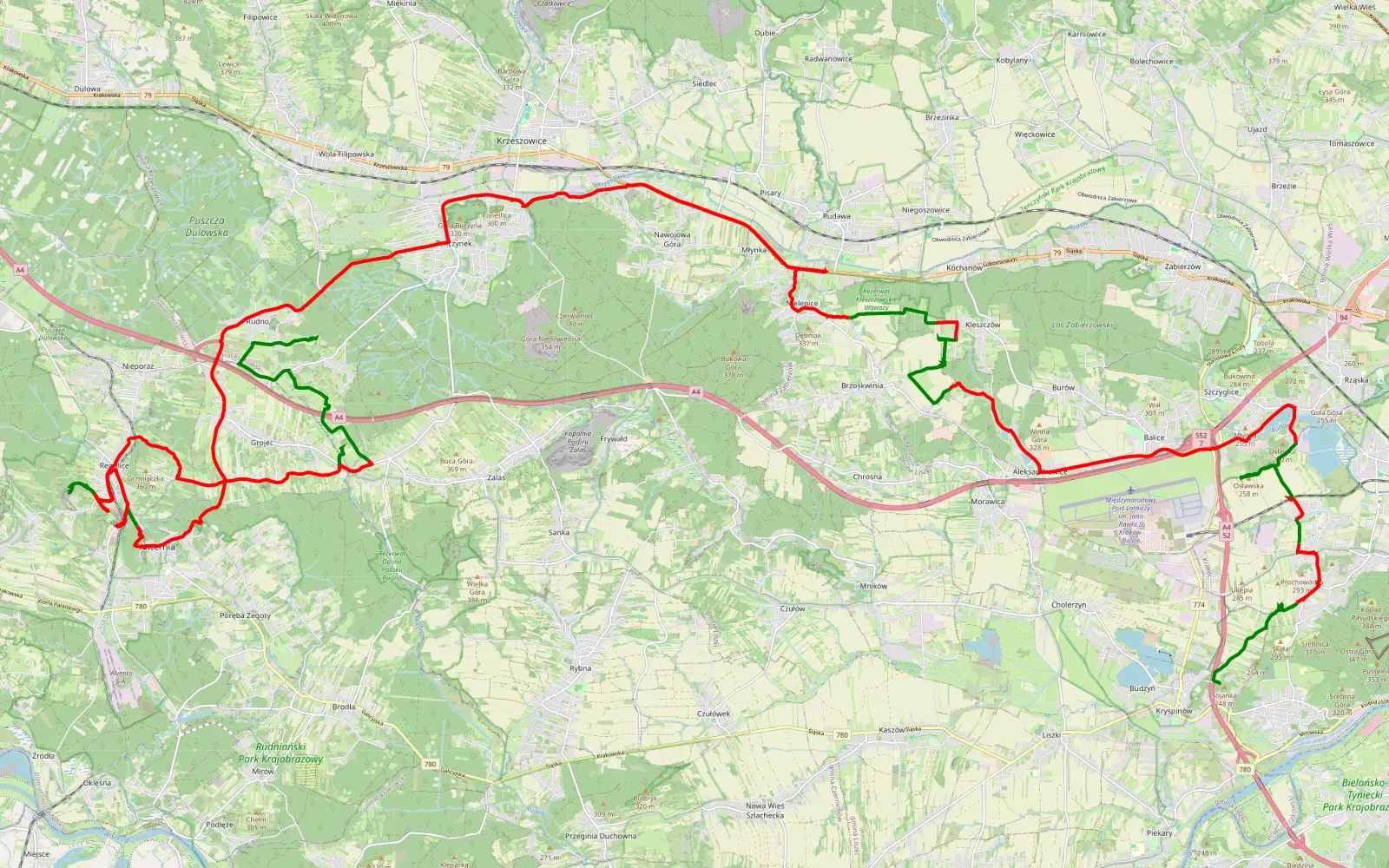 Map of Balice-Alwernia-Rudno - 57.4 km offroad trail, Kraków County