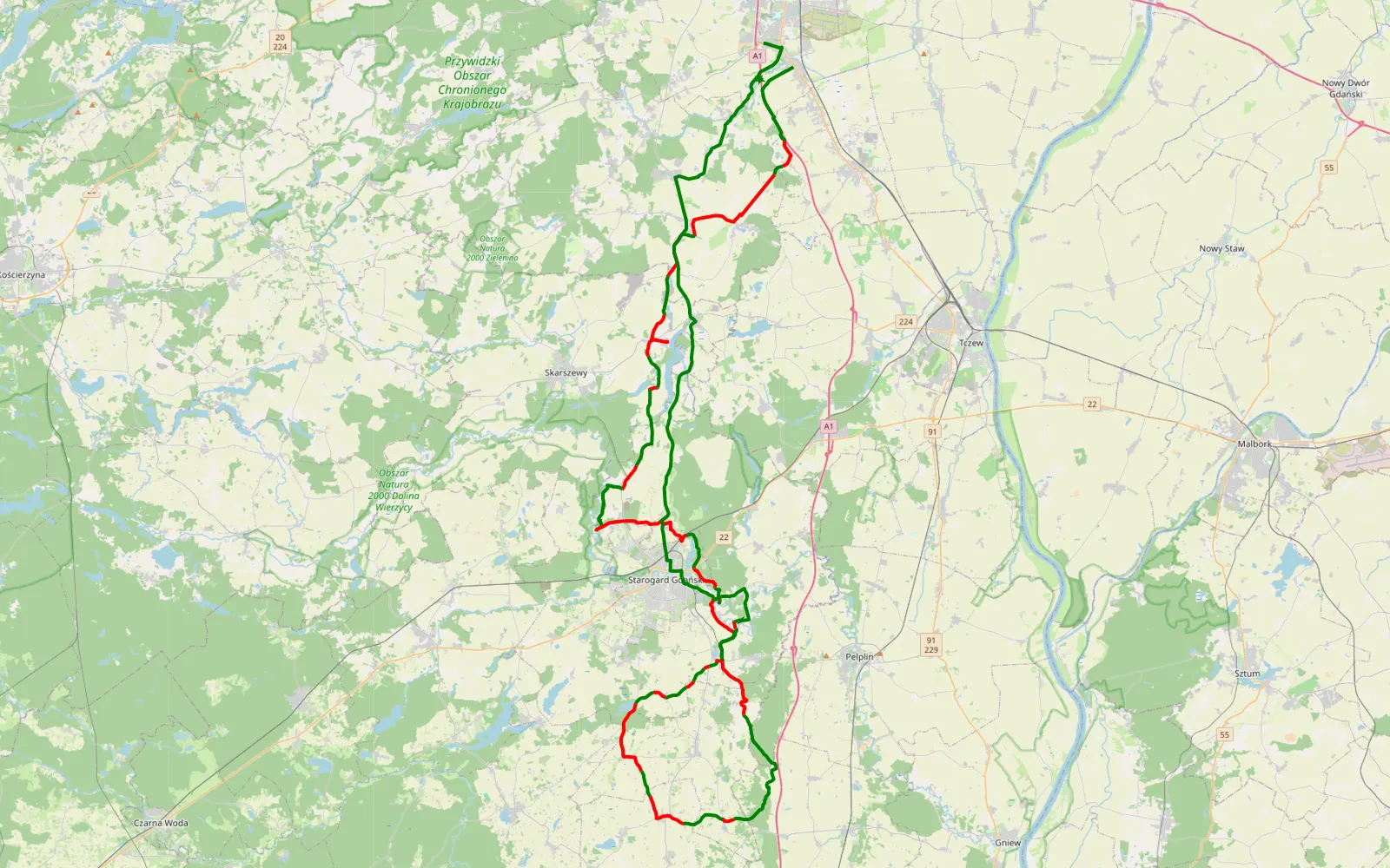 Mapa trasy Łęgowo - Rusocin - 87.8 km trasy offroad, Powiat Starogardzki