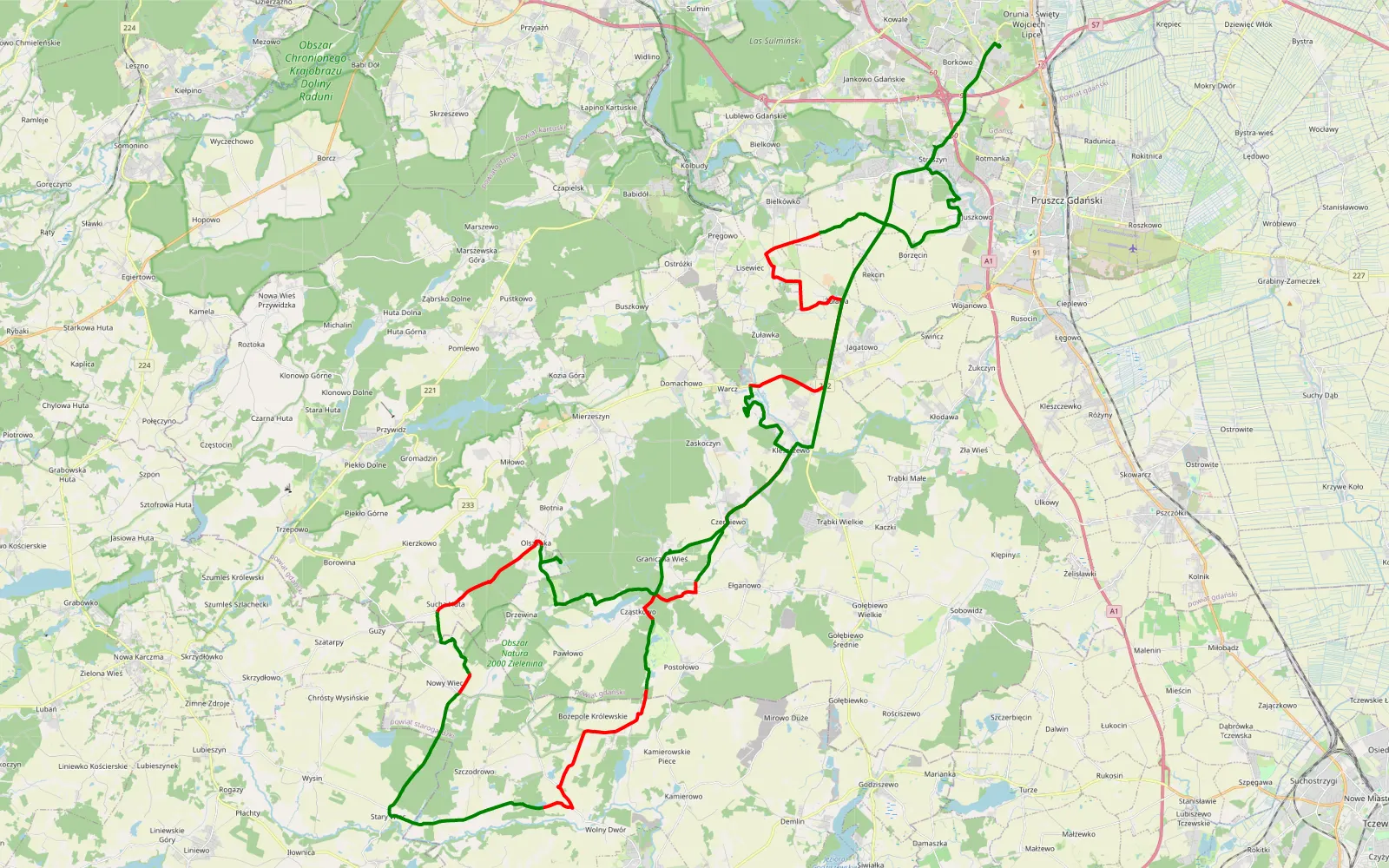 Mapa trasy Straszyn - Borkowo Łostowickie - 56.7 km trasy offroad, Powiat Gdański